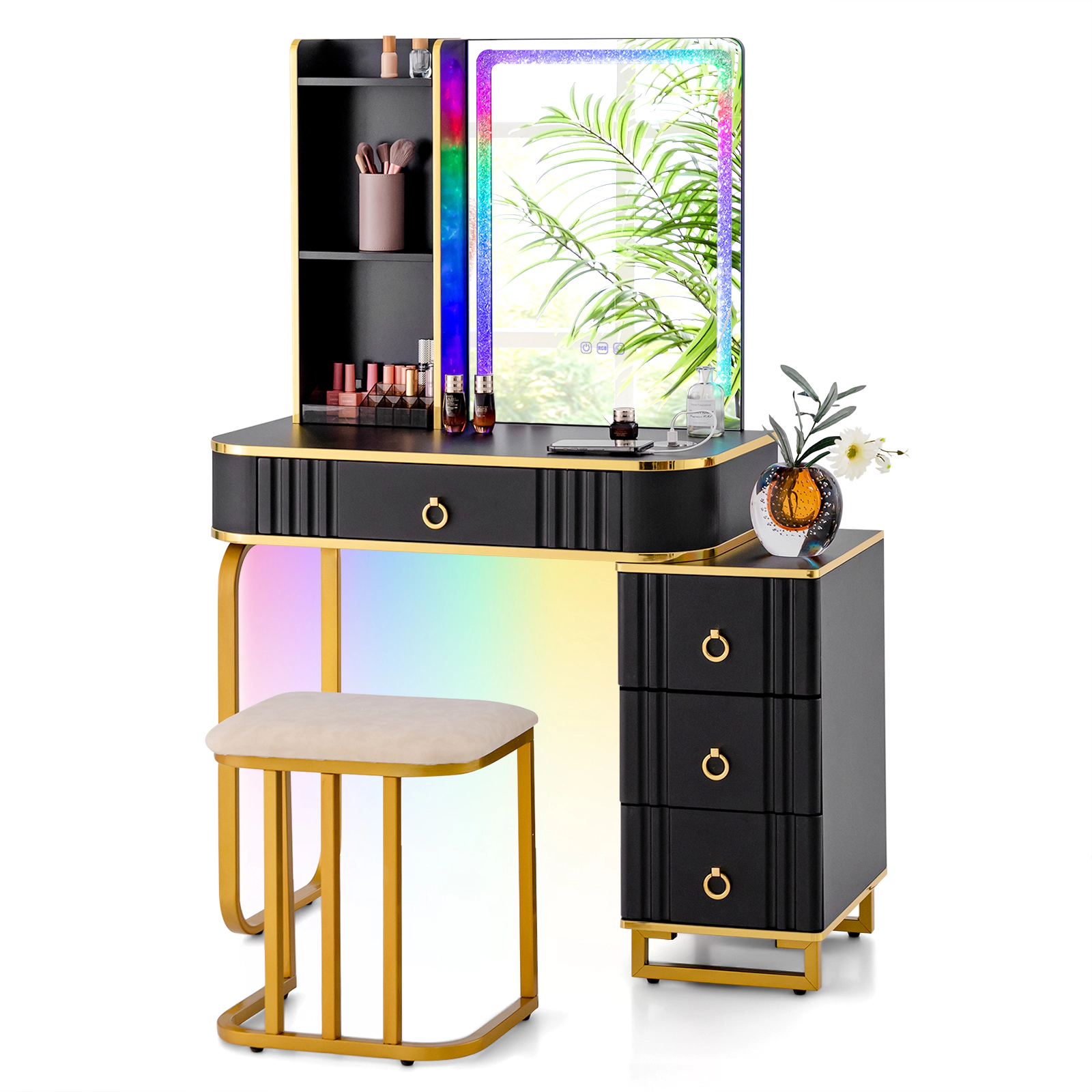 SUGIFT 2-Piece Black 54-Inch Vanity Desk Set with RGB Mirror Lights, Wireless Charging and Cushioned Stool