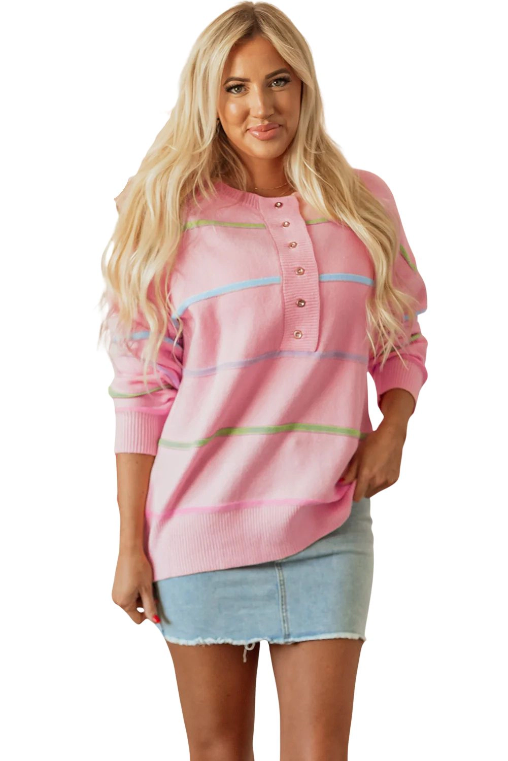 Sol Living Womens Rainbow Stripes Drop Shoulder Baggy Henley Sweater