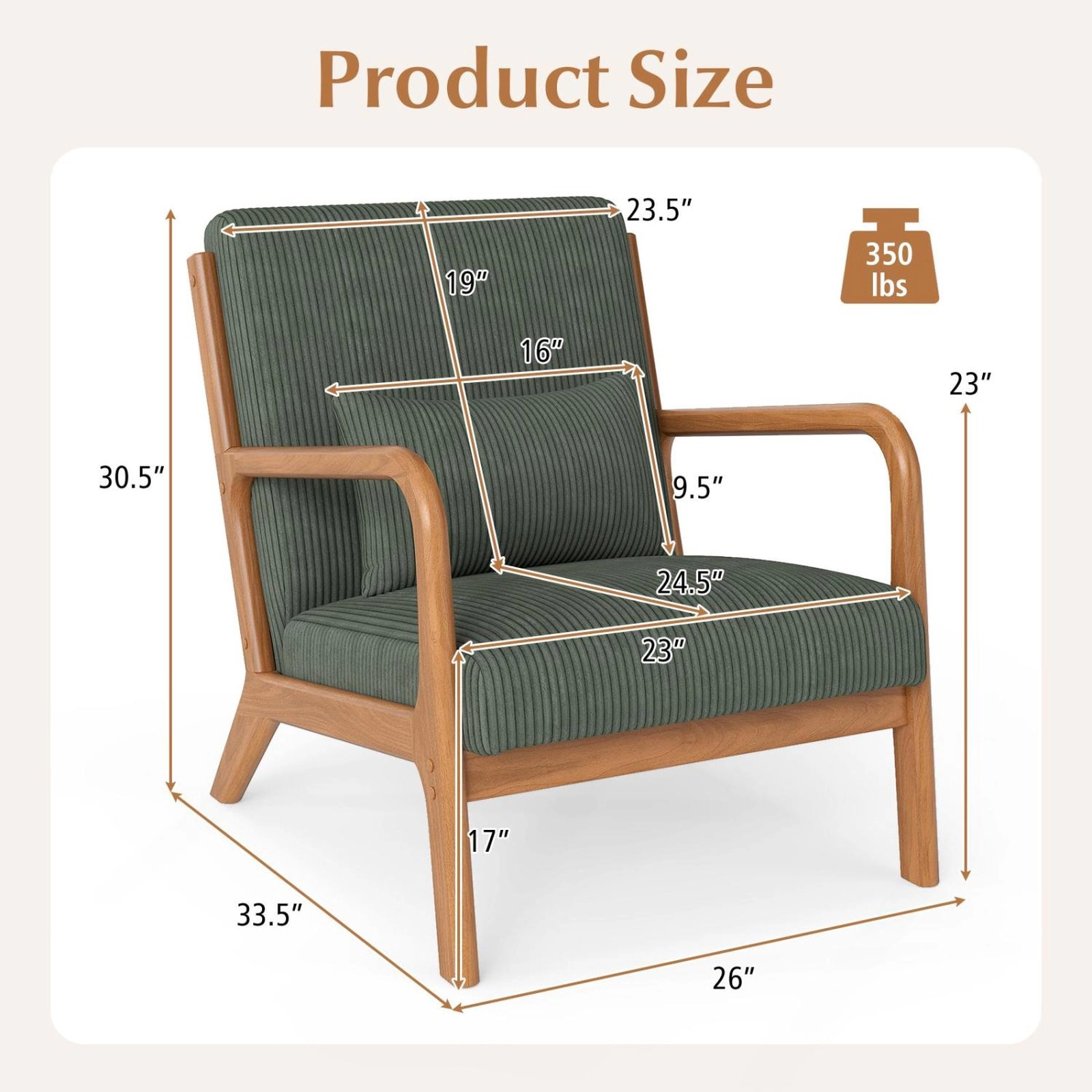 SUGIFT Lumbar Pillow and Wood Frame 350-lb Corduroy Upholstered Lounge Accent Chair