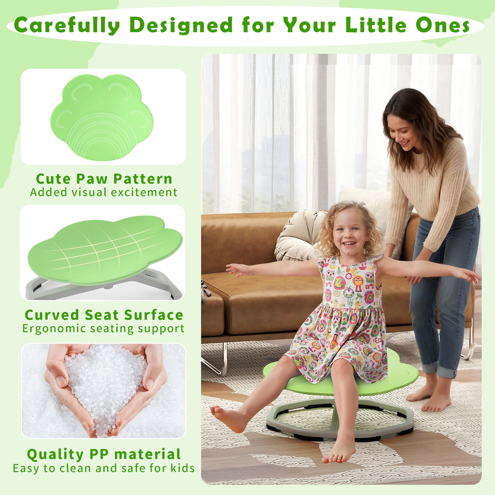 SUGIFT Kids Green Sensory Spinning Chair, 360-Degree Swivel, 220-lb Capacity