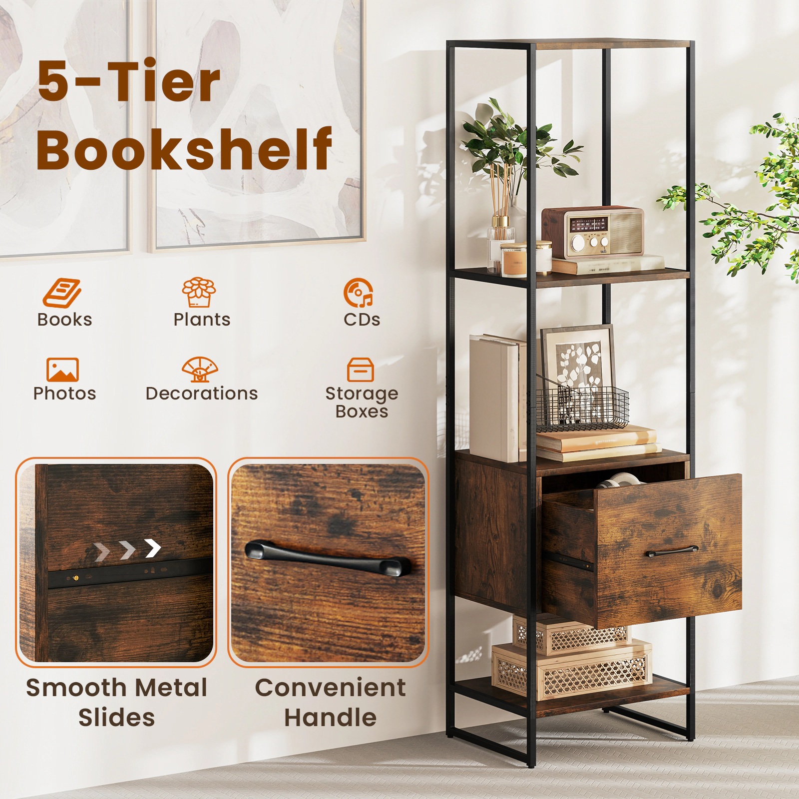 SUGIFT 5-Tier Rustic Brown 62.5-in Tall Narrow Bookshelf with Drawer 4 Open Shelves and Metal Frame