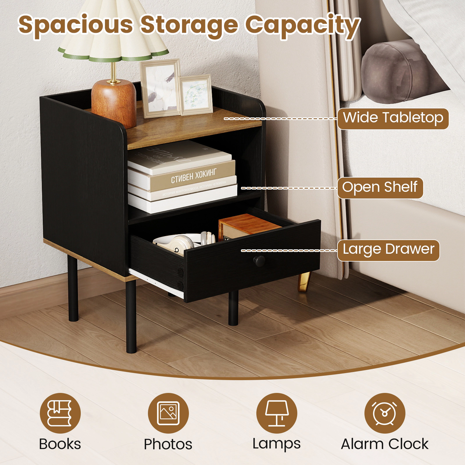 LJG Nightstand with Drawer 3-Tier Sofa Side Table with Open Storage Shelf Set of 2