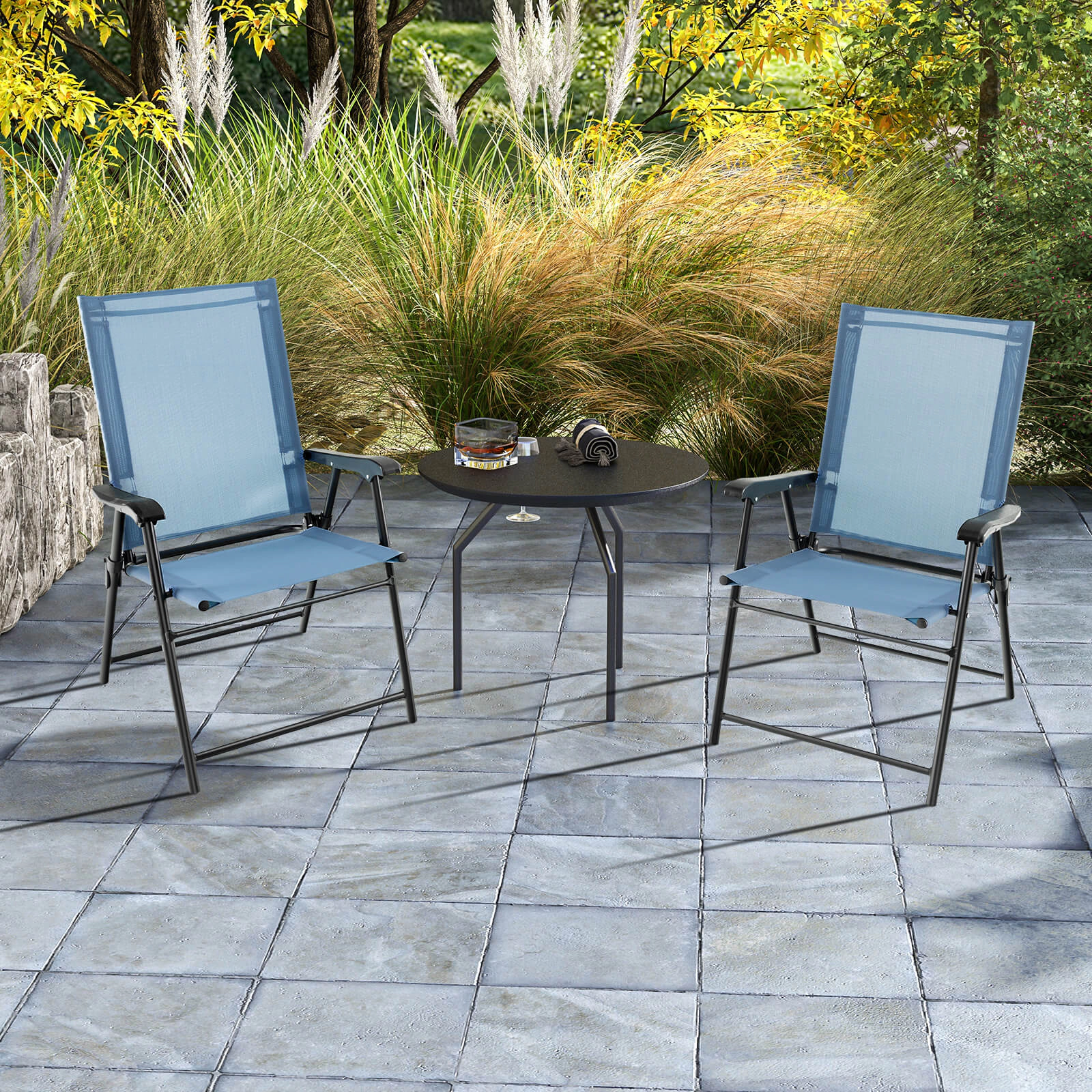 SUGIFT Blue Folding Curved Armrests and Metal Frame Set of 2 Patio Dining Chairs