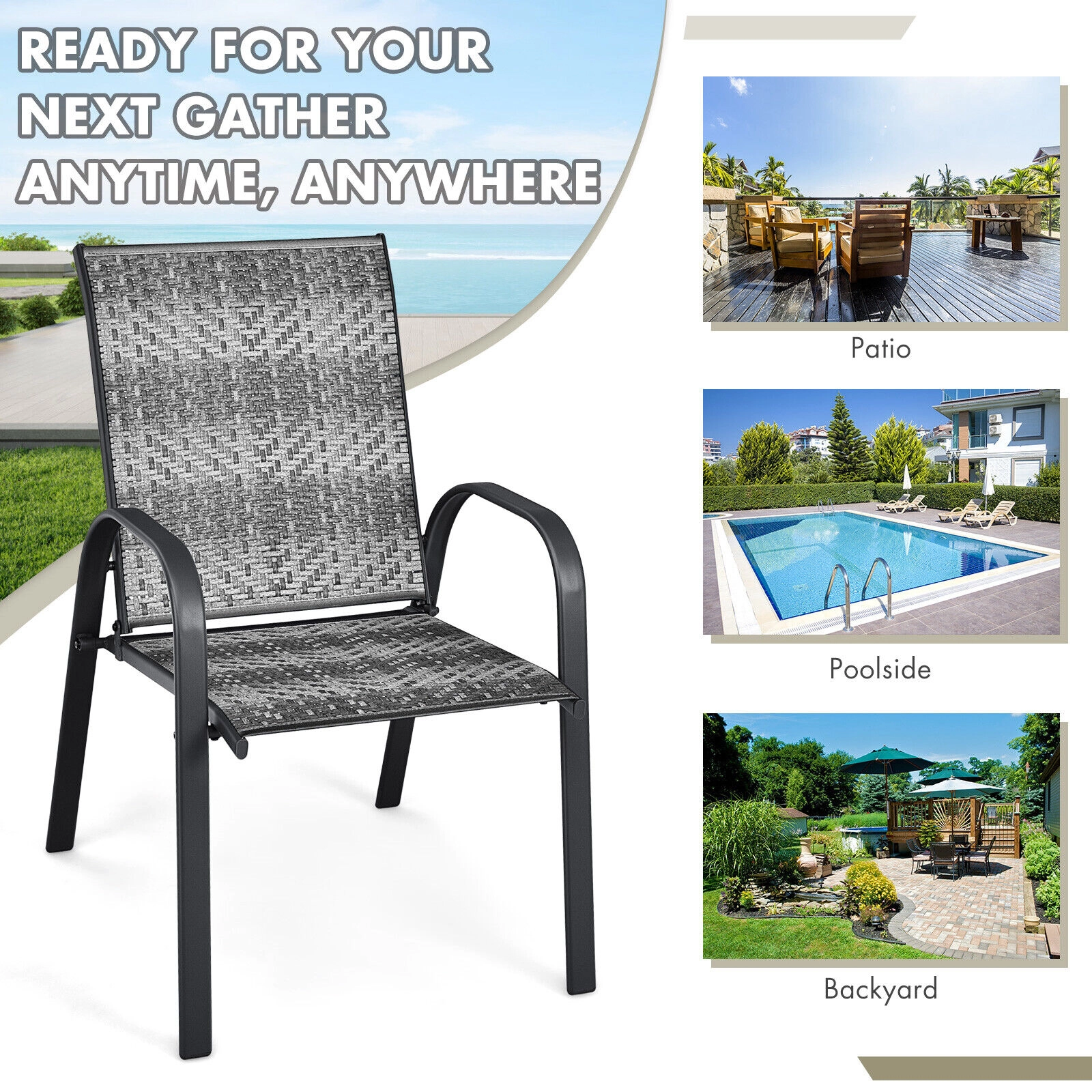 SUGIFT Set of 6 Stackable PE Rattan Wicker Outdoor Dining Chairs with Steel Frames and Armrests