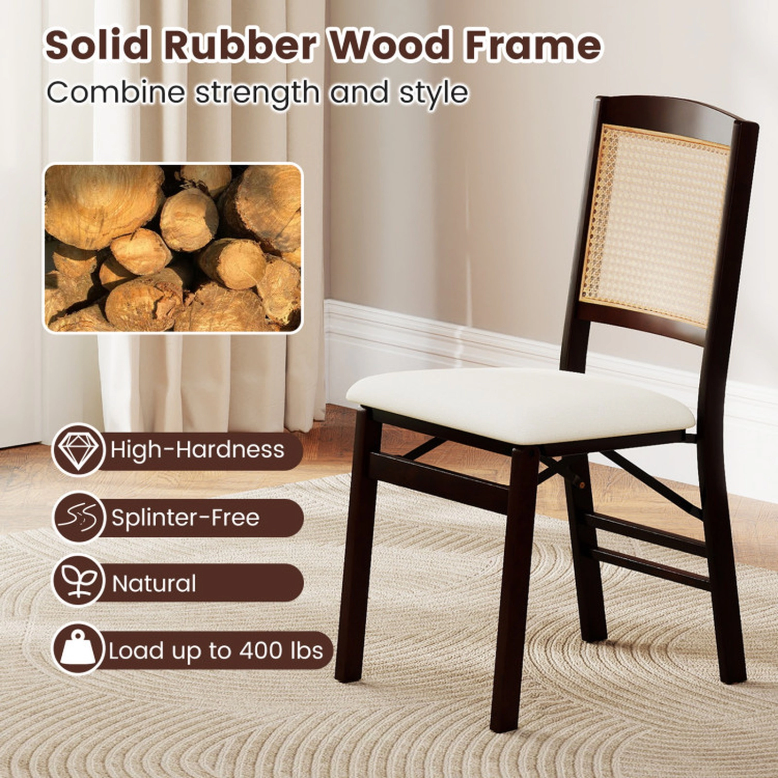 SUGIFT Coffee Folding Rubber Wood Rattan Back Linen Padded Seat Set of 4 Dining Chairs
