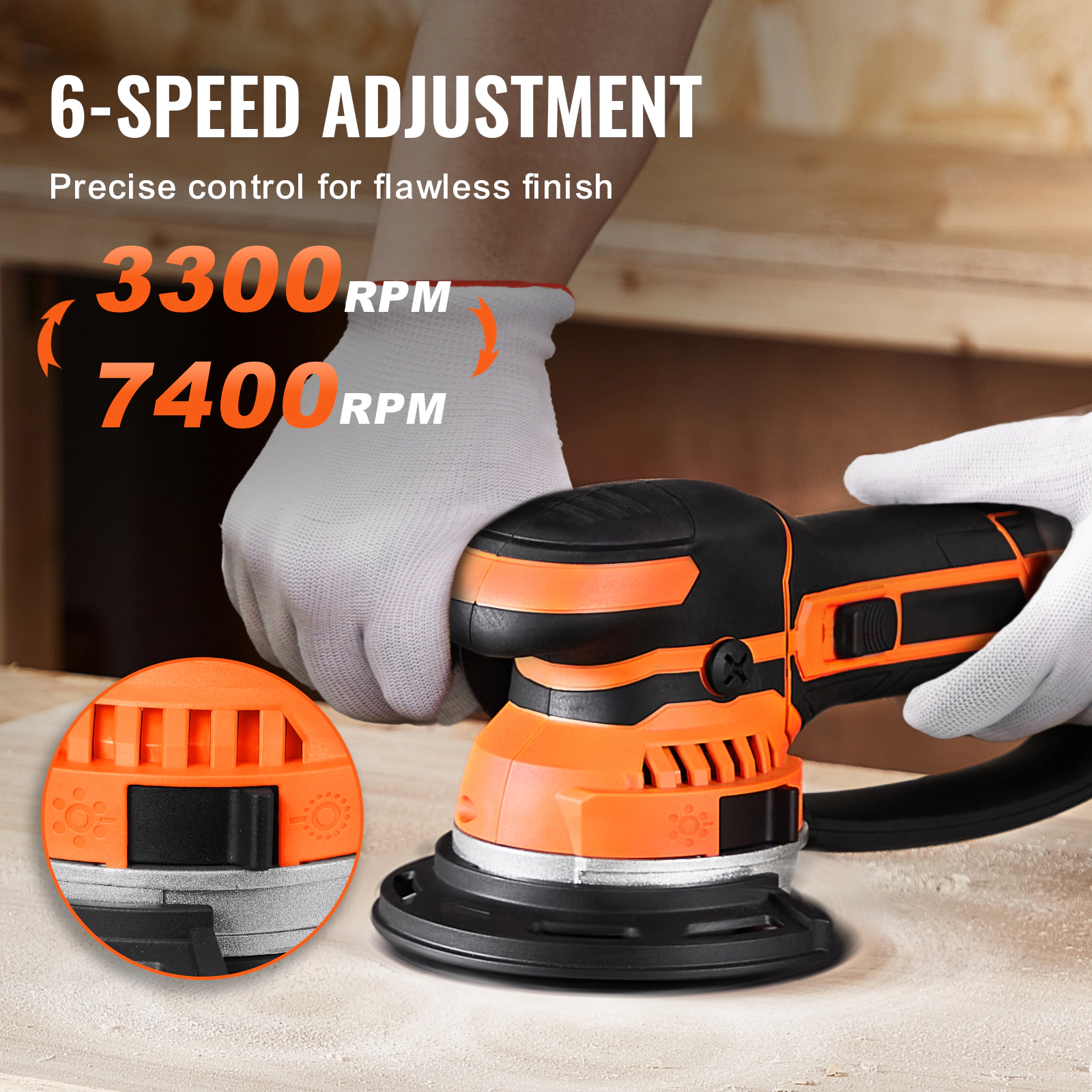 HONGGE Random Orbital Sander & 6-Inch 6 Variable Speed Electric Palm with Sandpapers Dust