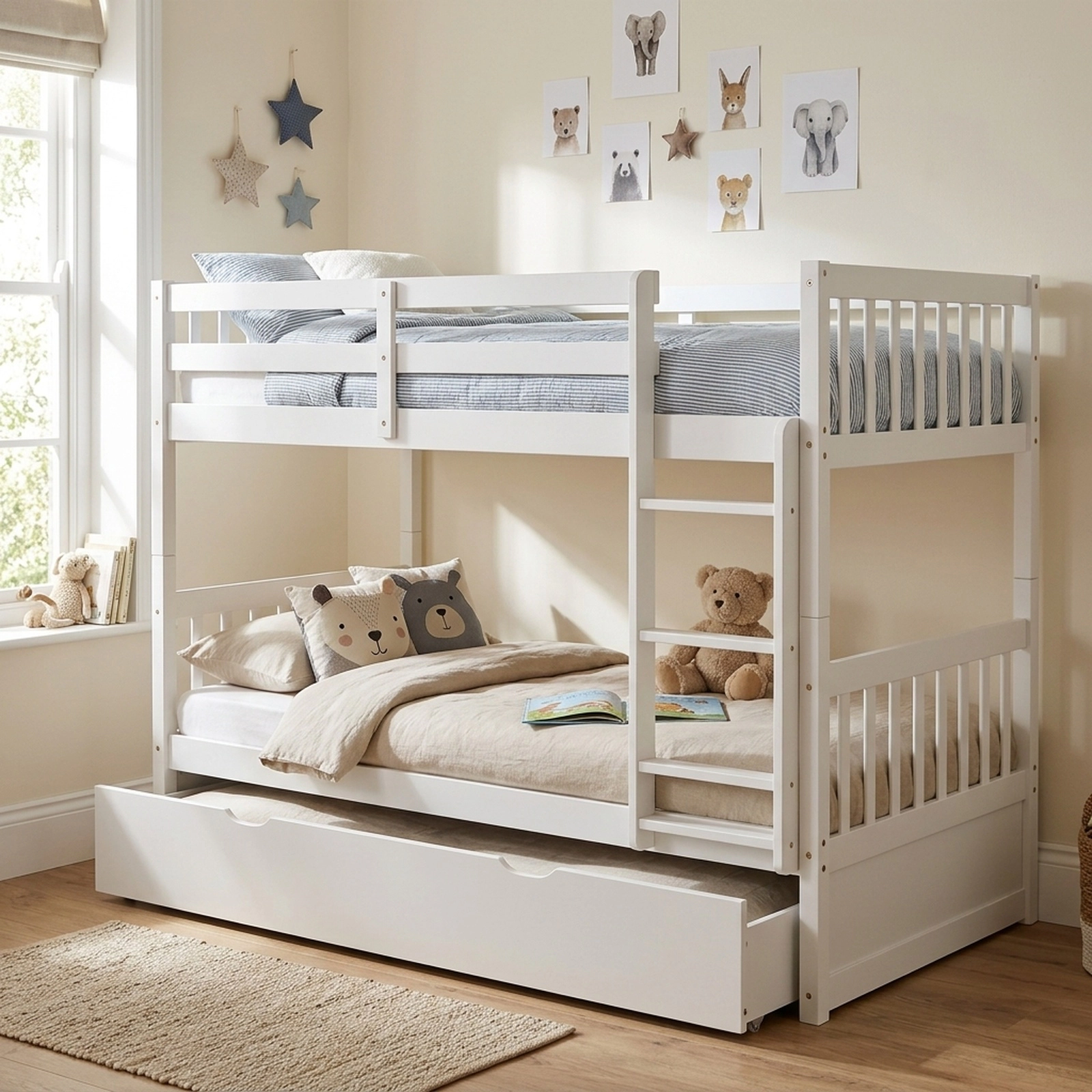 SUGIFT Twin-over-Twin Bunk Bed with Pull-Out Trundle, Ladder and Guardrails, White
