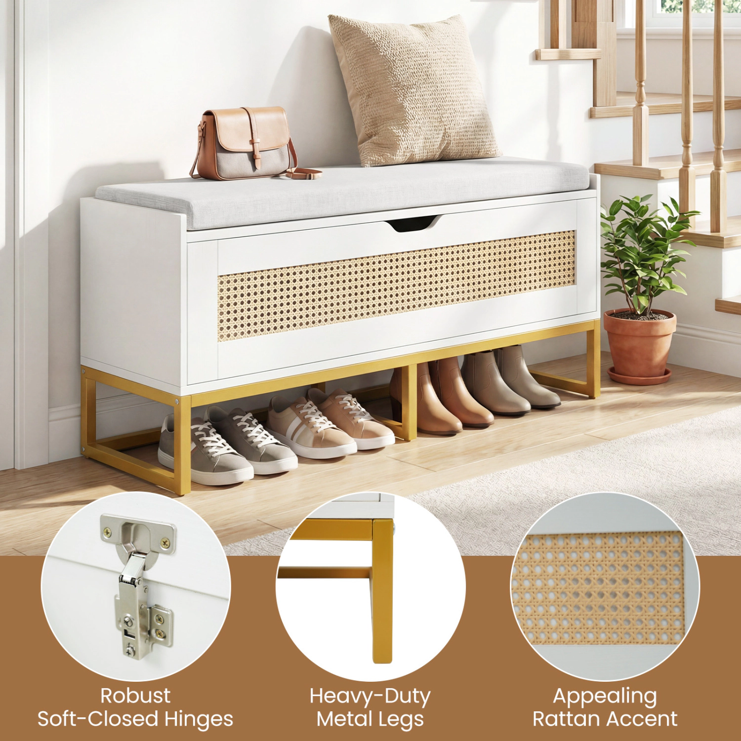Glintex Rattan Flip-Top Storage Bench with 19-Gallon Capacity and Safety Hinges