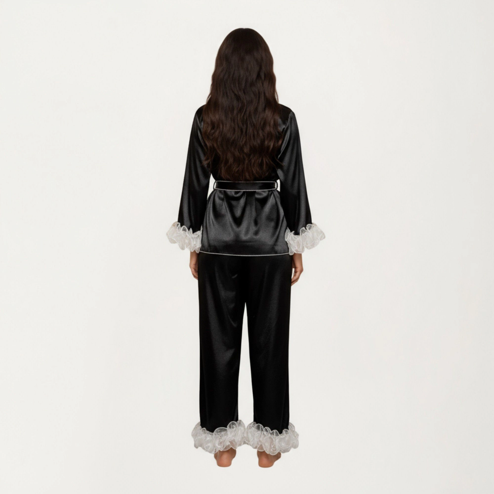 Anna-Kaci Women's 2-Piece Satin Wrap Long Sleeve Feather Trim Top and Straight Leg Pants
