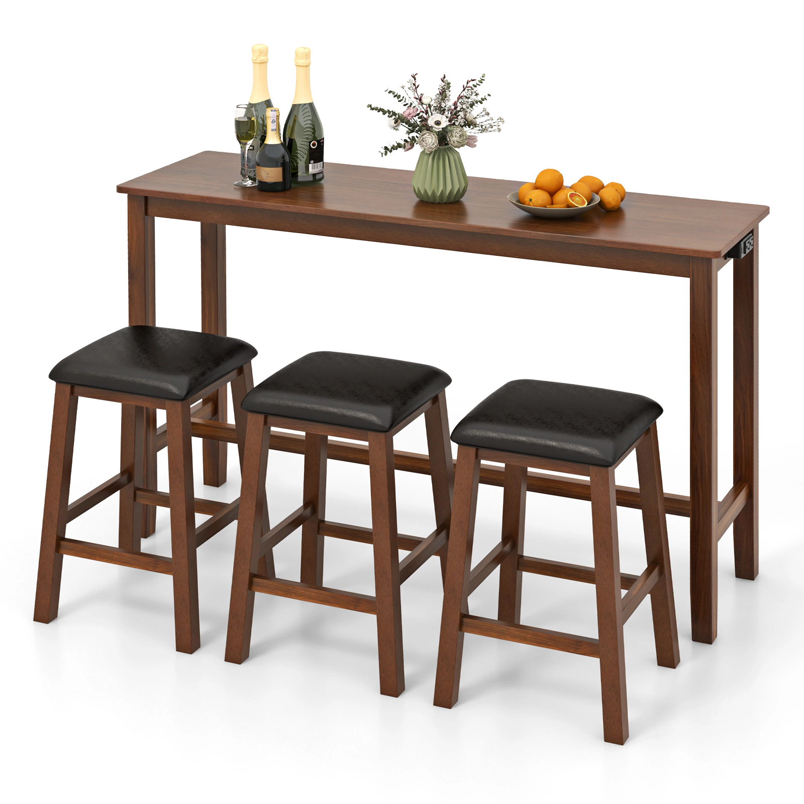 SUGIFT 4-Piece 61-Inch Counter-Height Pub Table Set, 3 Stools, 2 AC Outlets and 2 USB Ports