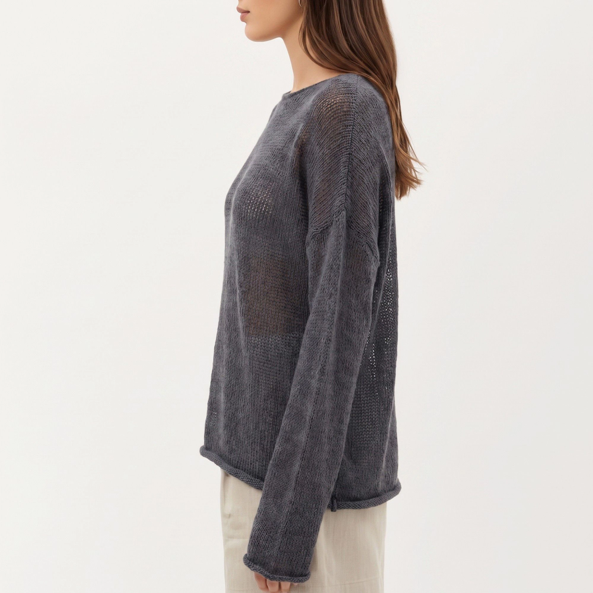 Anna-Kaci Women's Lightweight Open Knit Long Sleeve Sweater Top with Relaxed Fit and Subtle Sheer Texture