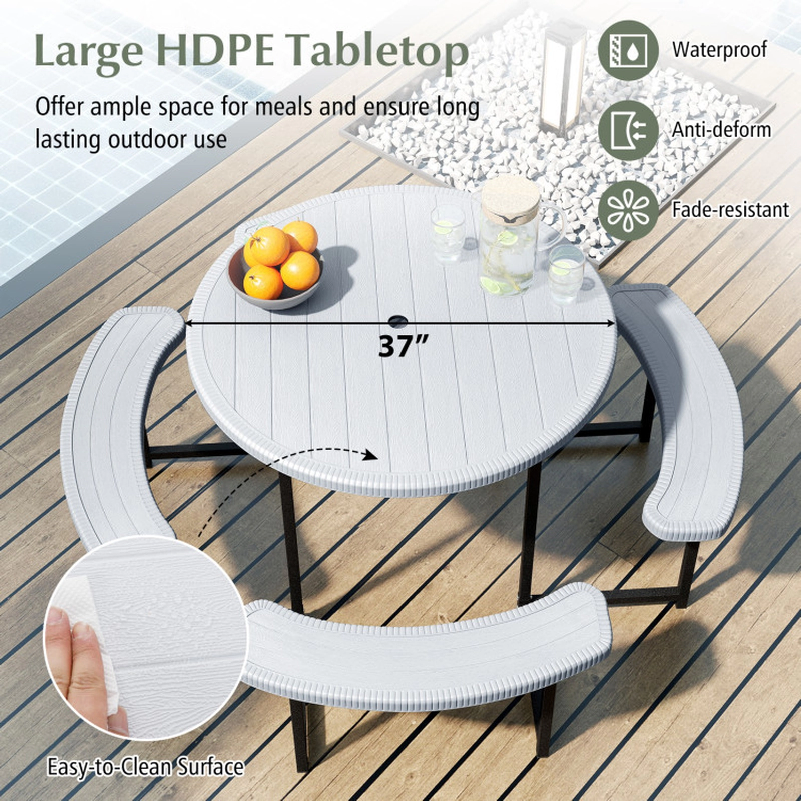 SUGIFT White Round Picnic Table with 4 Curved Benches and Umbrella Hole 37-in Dia 29-in H 200-lb Tabletop Capacity