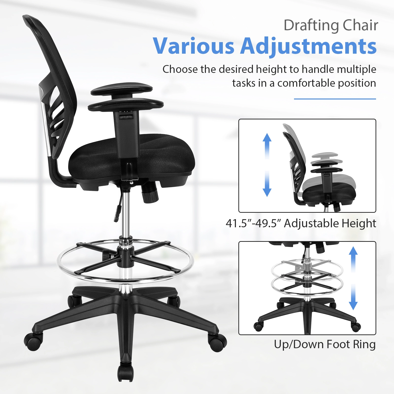 SUGIFT 330-lb Capacity Black Mesh Tall Drafting Chair with Adjustable Armrests and 18-in Footrest Ring