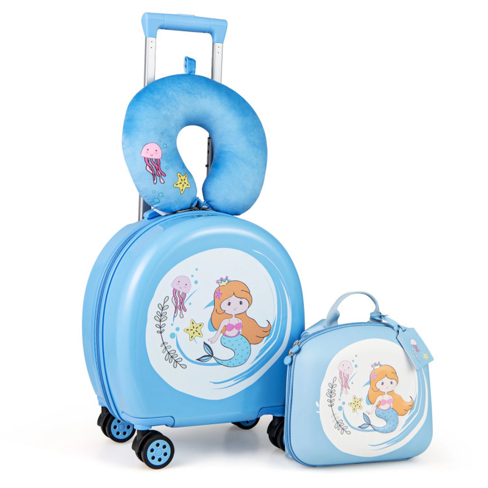 SUGIFT Kids 4-Piece Hardside 14-in Spinner Suitcase 10-in Backpack Neck Pillow Luggage Tag Set Ages 3-7 Blue