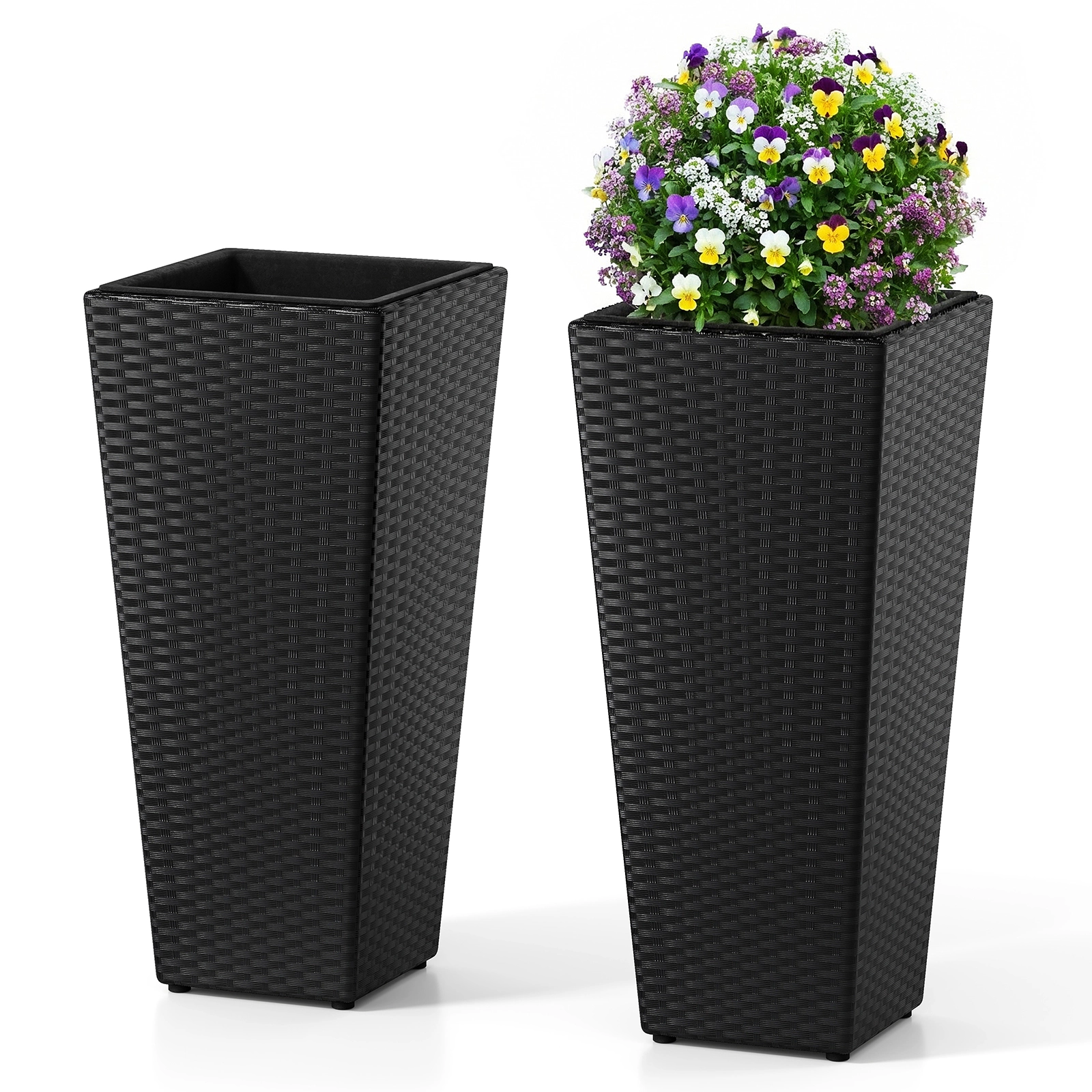 LJG Set of 2 Rattan Tall Plant Pots with Detachable Plastic Liners