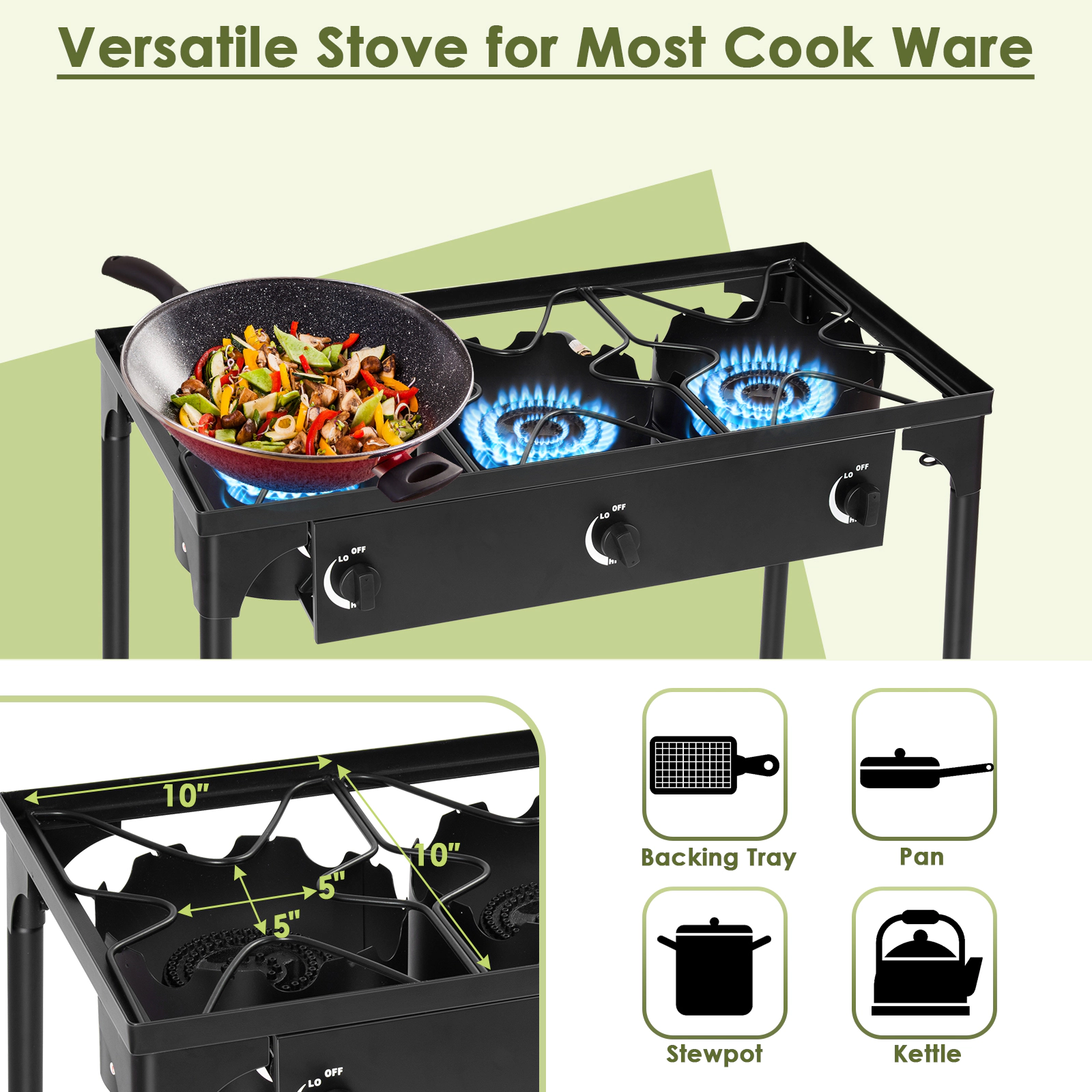 SUGIFT 3-Burner Black Portable Propane Gas Cooker with Detachable Legs 225000-BTU 34-in W 18-in D 30-in H