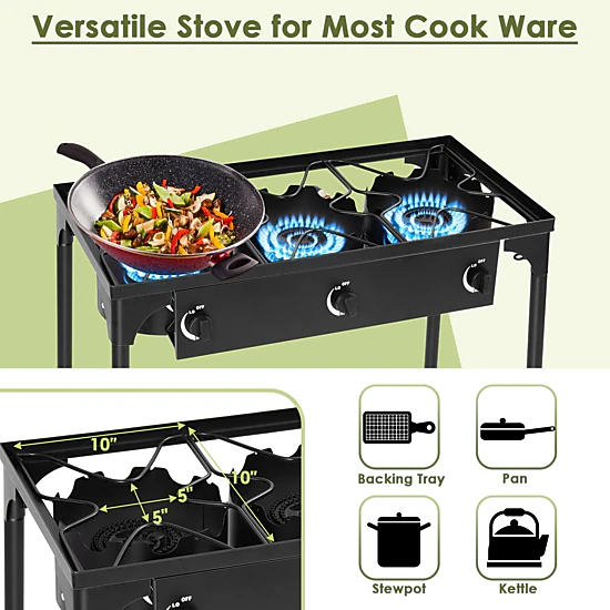SUGIFT 3-Burner Black Portable Propane Gas Cooker with Detachable Legs 225000-BTU 34-in W 18-in D 30-in H