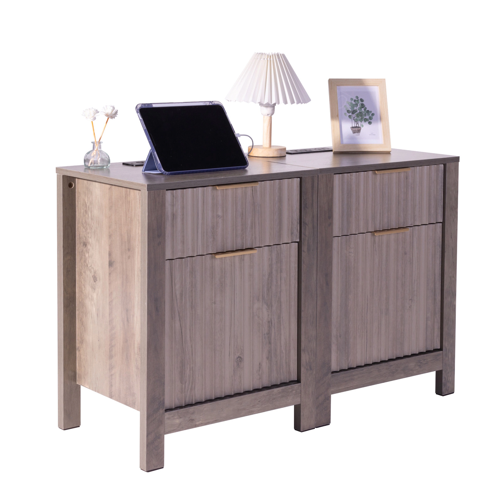 HONGGE 3-Tier End Table Set of 2 with Charging Station, USB Ports & Outlets, Storage Cabinet & 2 Drawers, Gray