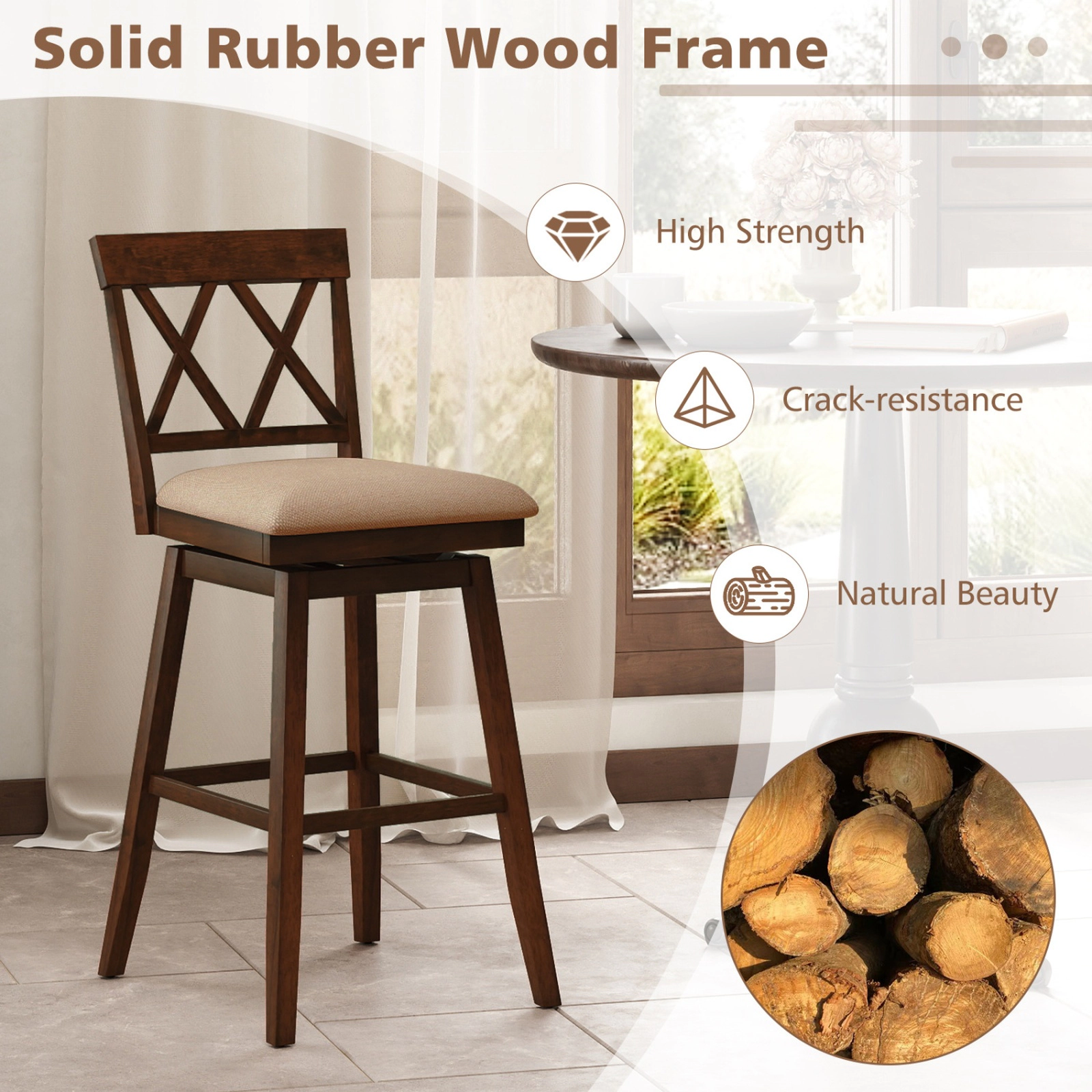 SUGIFT 24-In Counter Height Swivel Bar Stools Set of 4 with Backrest and Upholstered Seat 330-lb Capacity Oak/White