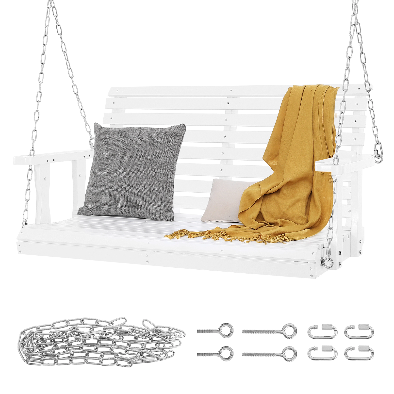HONGGE 4 ft Cedar Wood Porch Swing with Hanging Steel Chains, Compact Outdoor Patio Bench Seat, 880 lb Capacity, White