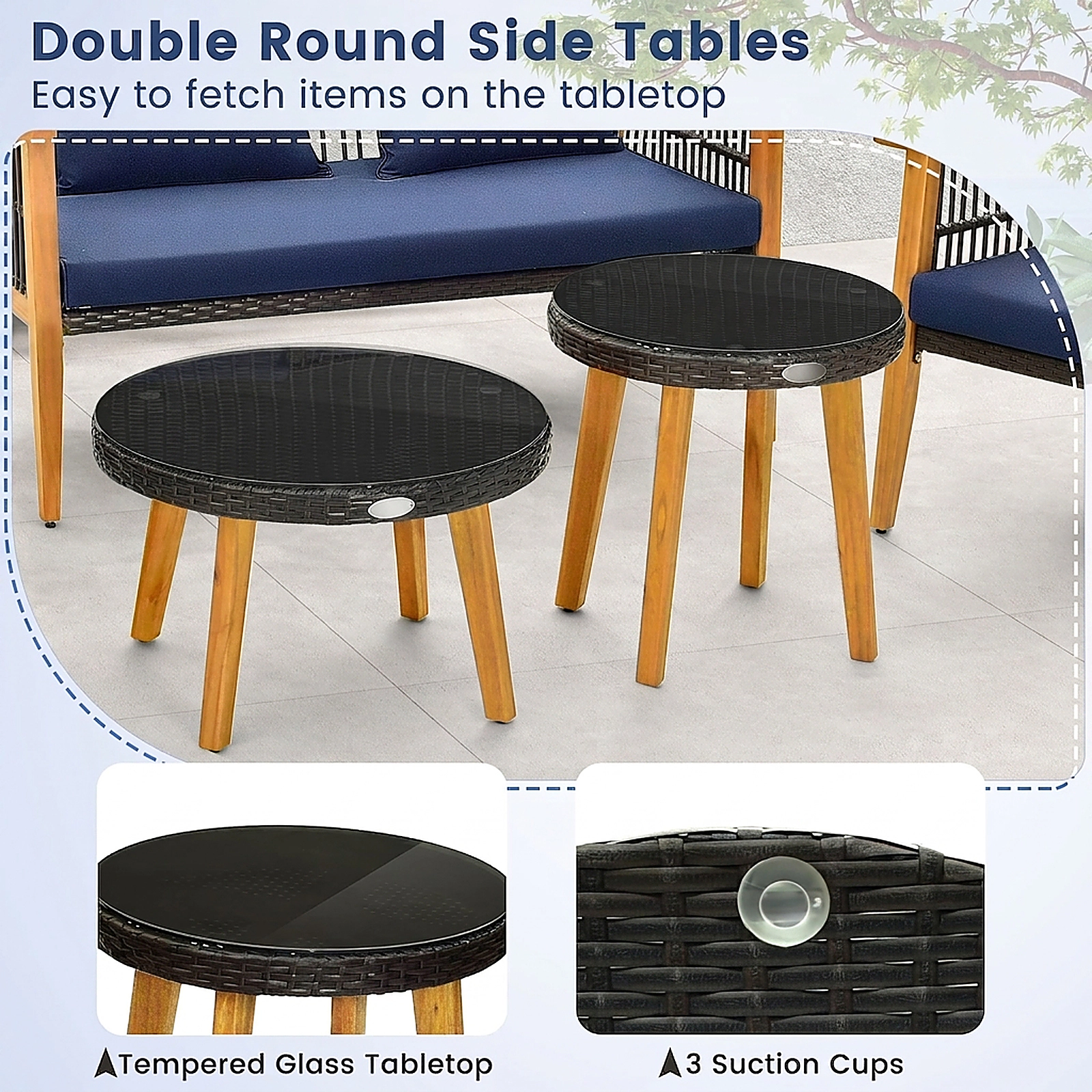 SUGIFT 5-Piece Navy Outdoor Patio Conversation Set with Loveseat, Chairs and Glass Tables