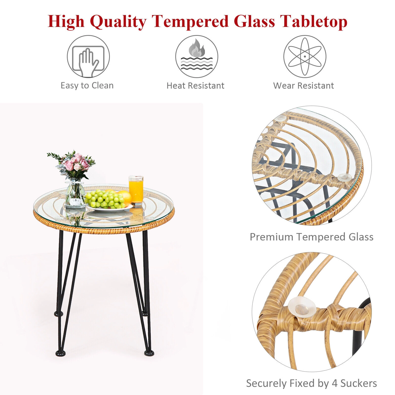 SUGIFT 3-Piece Red Wicker Patio Conversation Set with Cushions and Round Tempered Glass Table