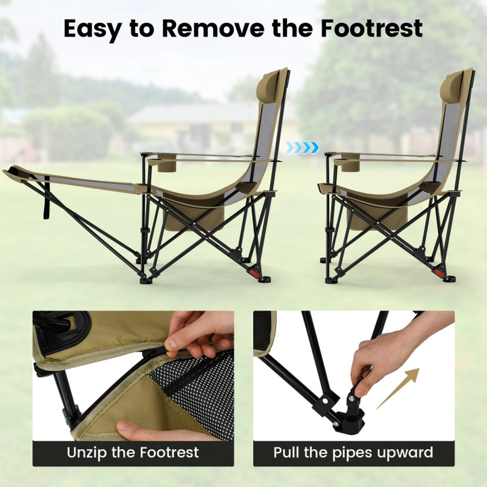 SUGIFT Reclining Camping Chair with Removable Footrest and 4-Position Backrest 330-lb Capacity Gray/Green