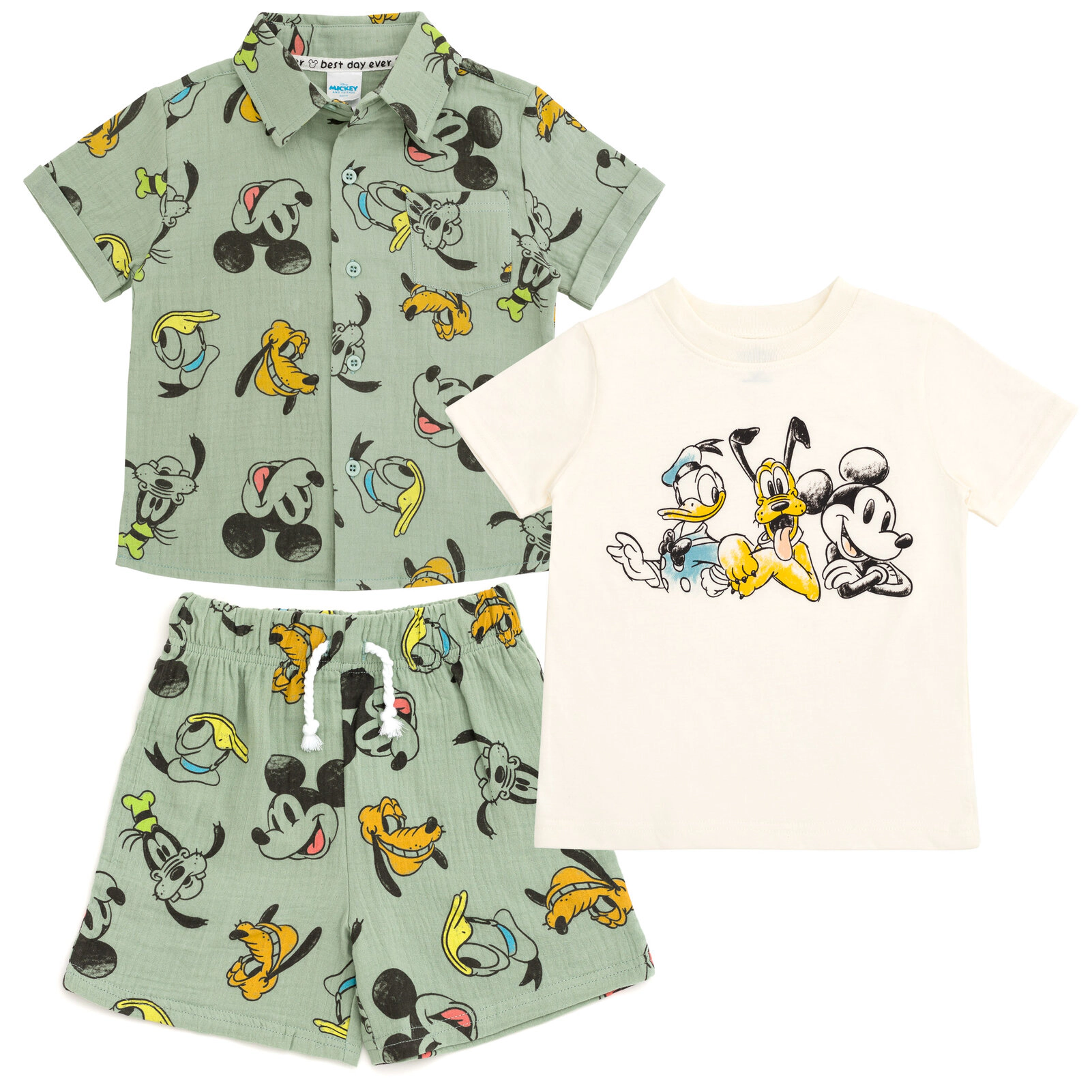 Disney Mickey Mouse Boys' Button-Down Shirt, Tee and Shorts Set