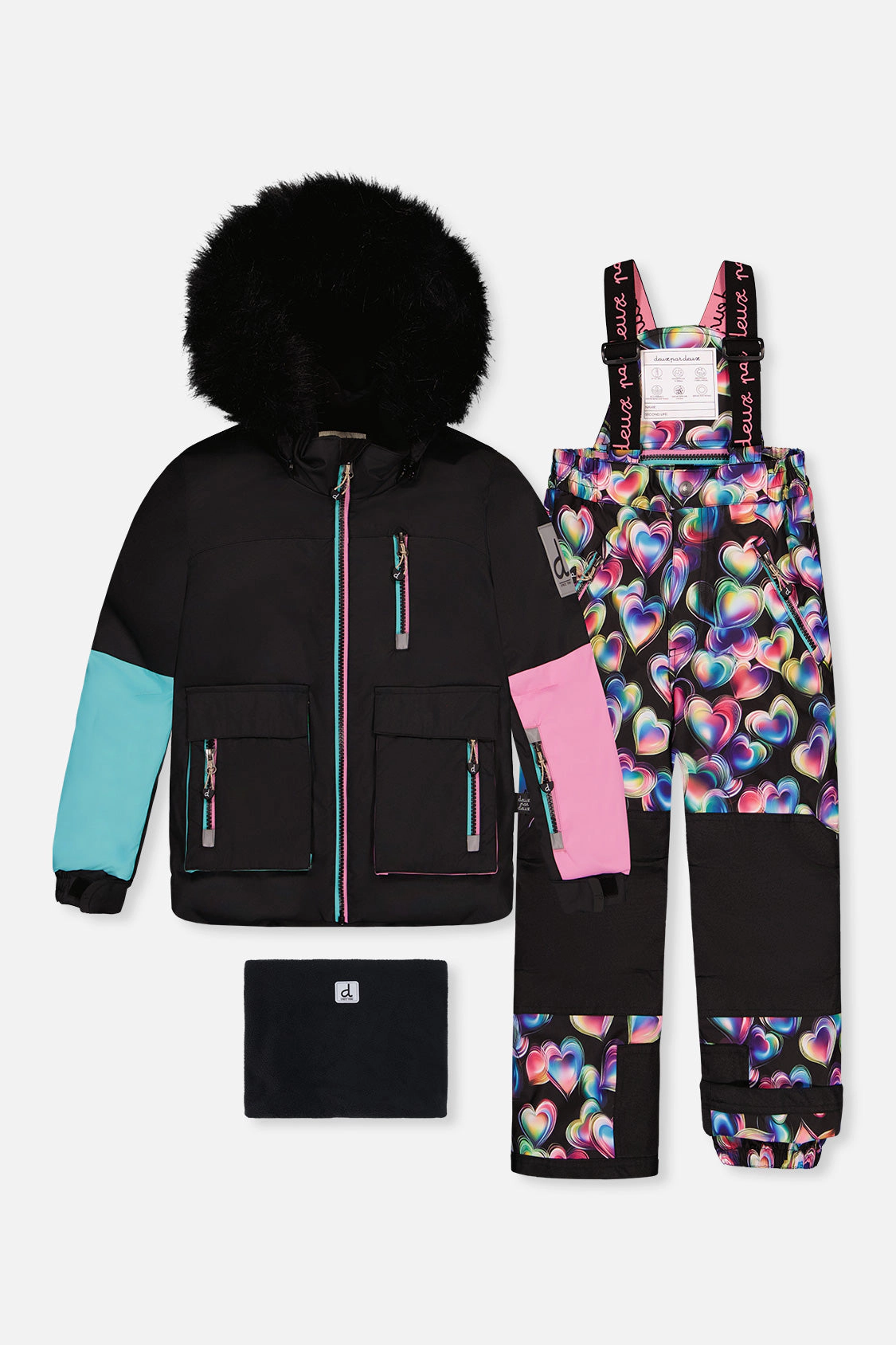 Deux par Girls Colorblock Two Piece Play Snowsuit with Hooded Jacket and Heart Print Snow Pants