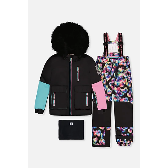Deux par Deux Girls Colorblock Two Piece Play Snowsuit with Hooded Jacket and Heart Print Snow Pants