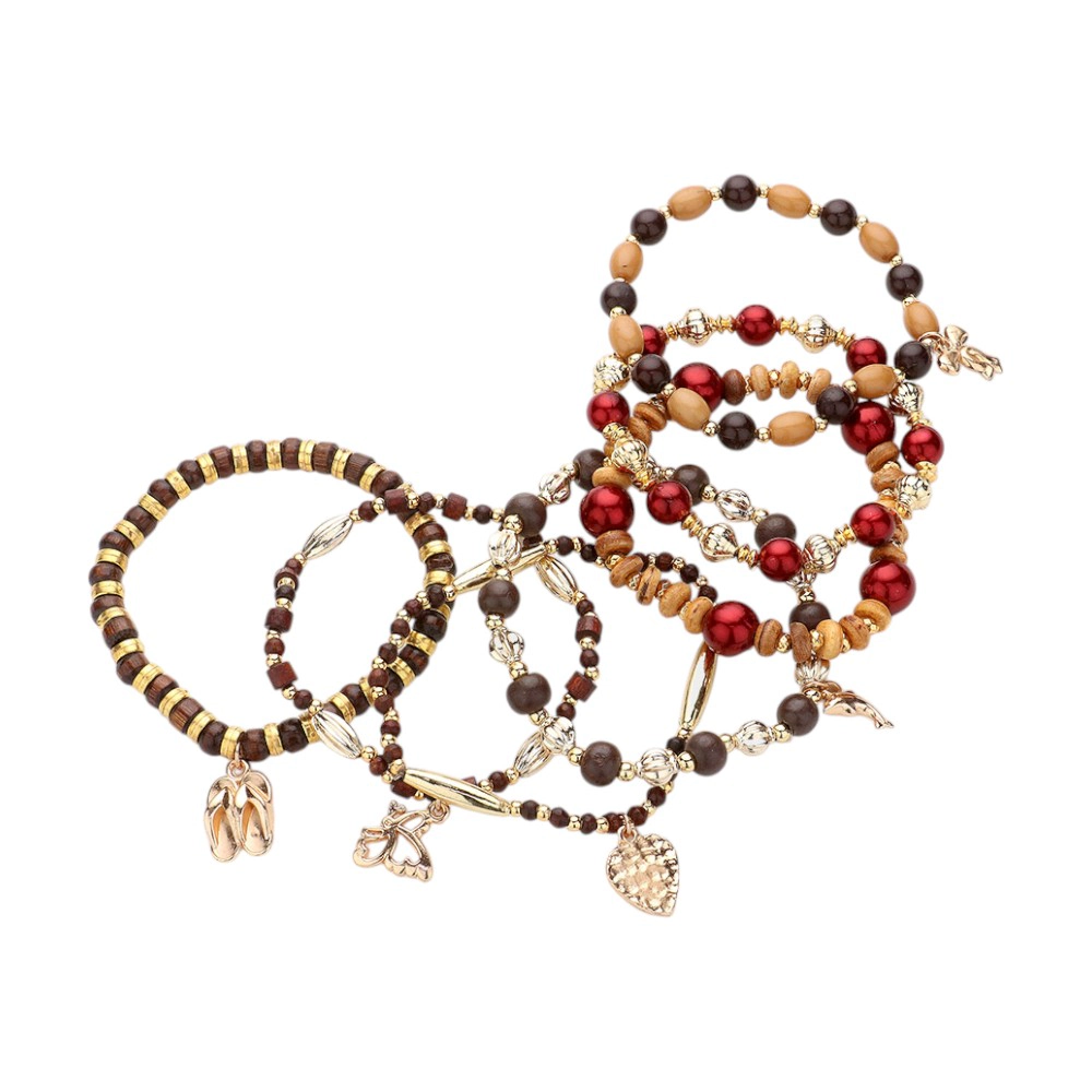 FASHNZFAB 7PCS - Metal Flip Flop Angel Heart Dolphin Charm Pointed Various Beads Beaded Stretch Multi Layered Bracelet