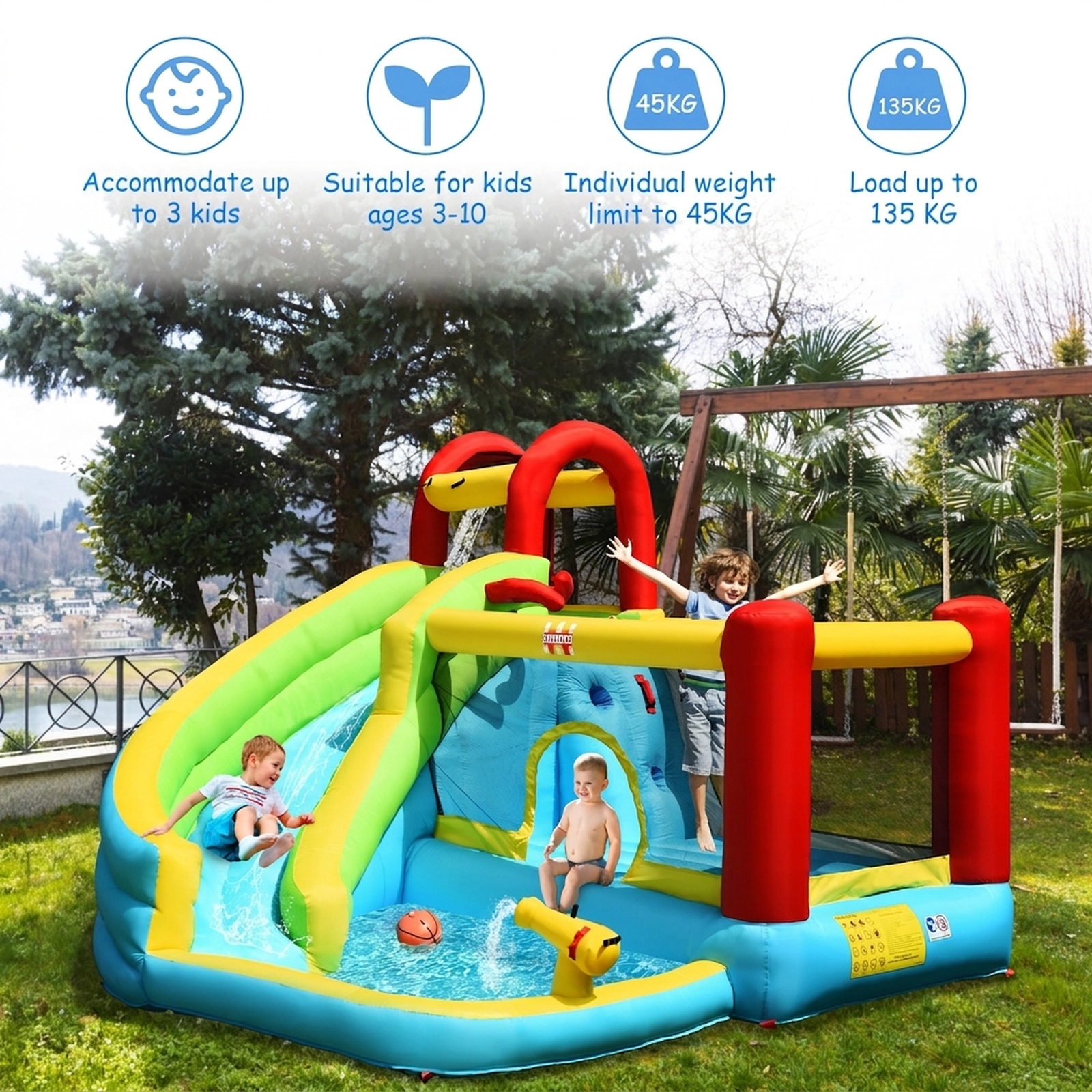 SUGIFT Climbing Wall Basketball Hoop and 550W Blower 6-in-1 Kids Inflatable Bounce House