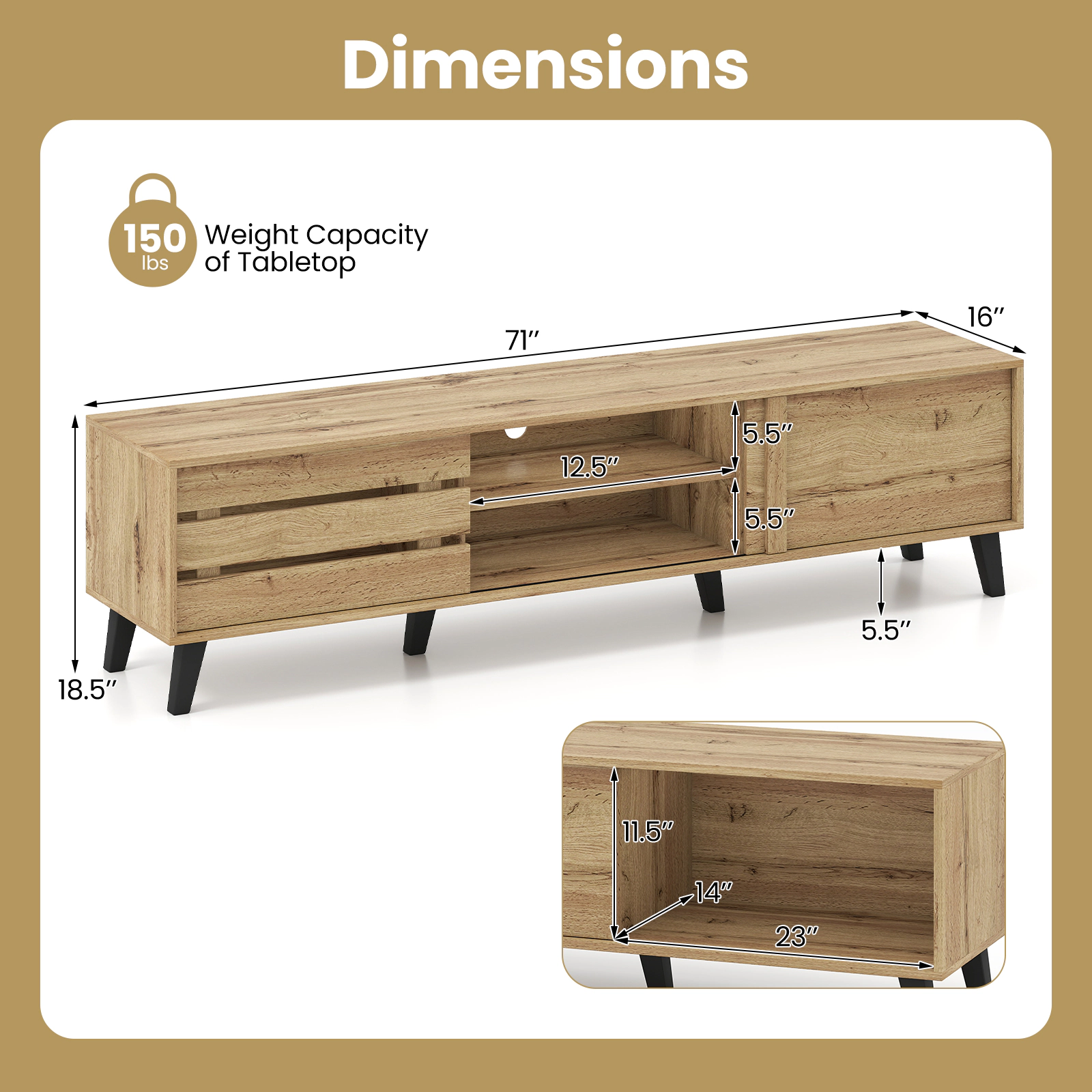 Glintex 71-Inch Mid-Century TV Stand with Sliding Door Cabinets, Oak
