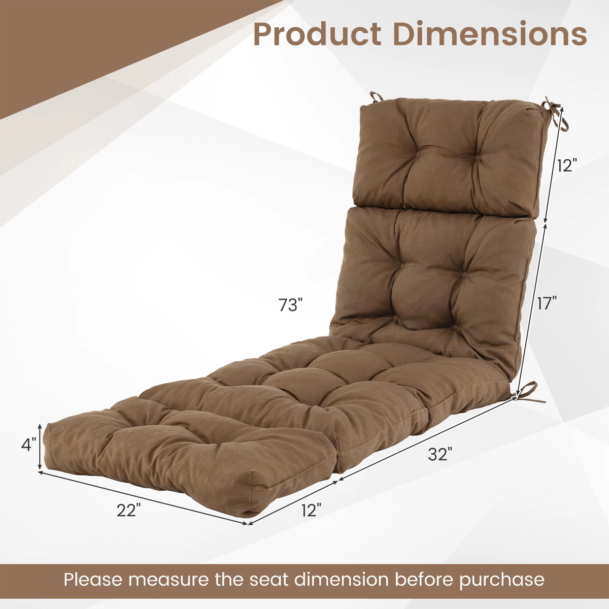 SUGIFT Outdoor Lounge Chaise Cushion with String Ties 73-in Long 4-in Thick Polyester Cotton Garden Poolside Brown