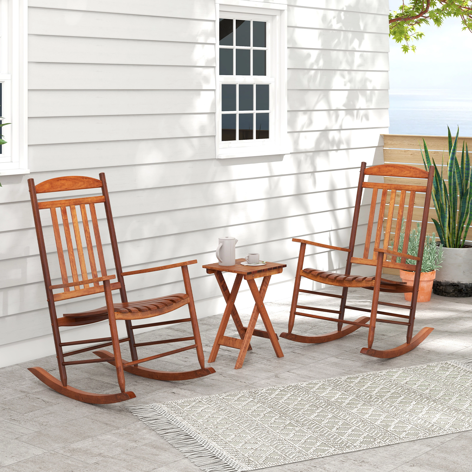 SUGIFT 3-Piece Poplar Wood Rocking Conversation Bistro Set with Folding Side Table 400-Lb Rocker Capacity Natural