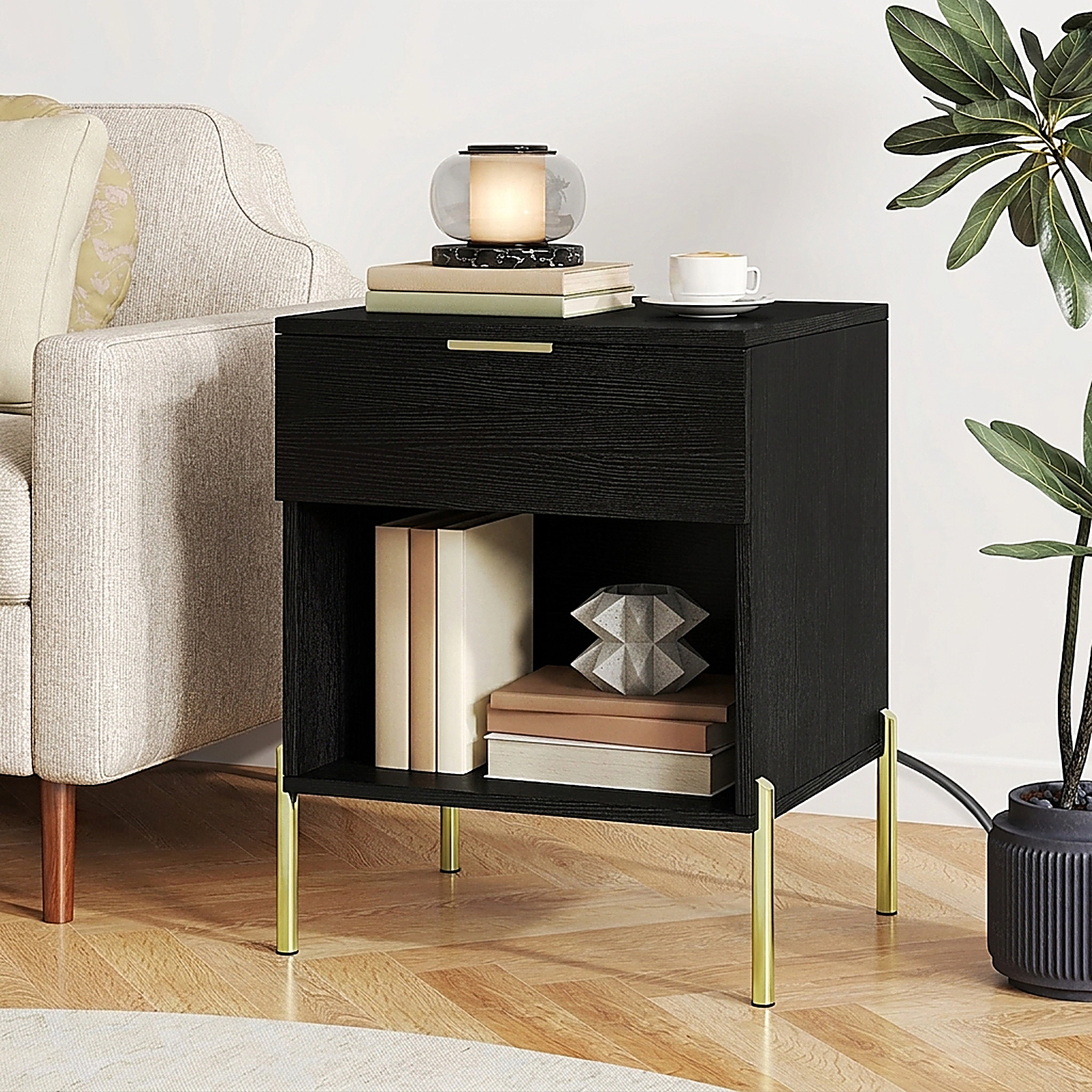SUGIFT Charging Station Drawer Open Compartment and Metal Legs Modern Nightstand