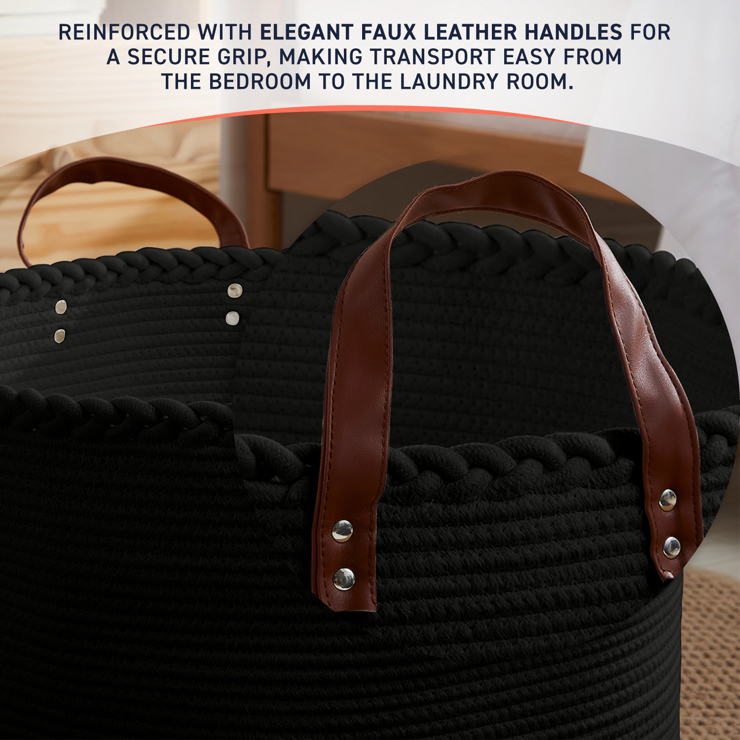 Ornavo Home Extra Large Round Cotton Rope Storage Basket Laundry Hamper with Leather Handles