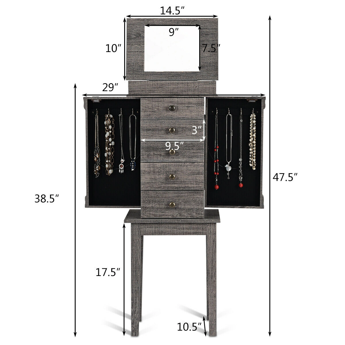 Slickblue Jewelry Storage Cabinet with Flip Top Mirror 5 Drawers Coffee Black Bedroom Chest
