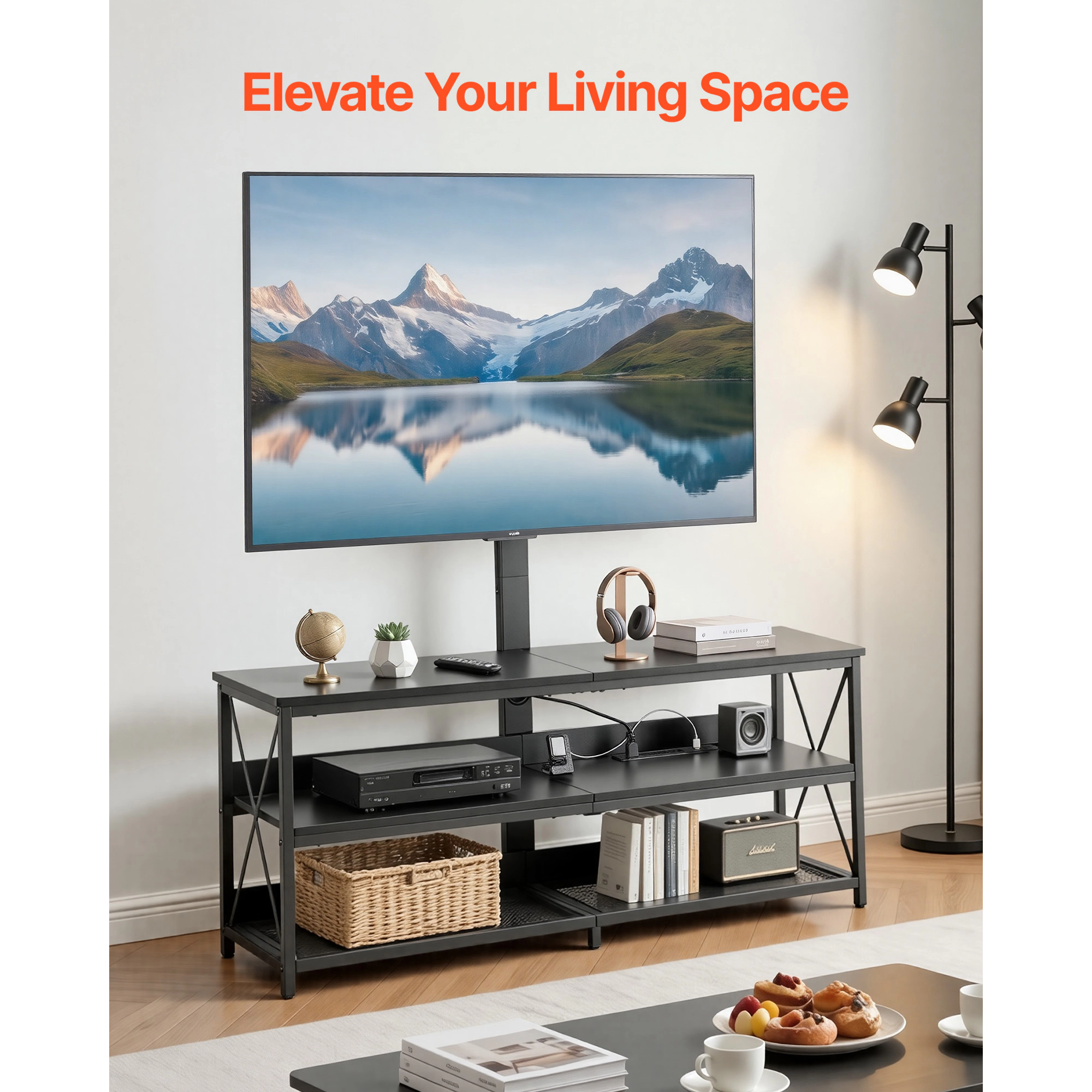 HONGGE TV Stand Console with Power Outlet for 32-75 Inch TVs, Height Adjustable Entertainment Center with Storage