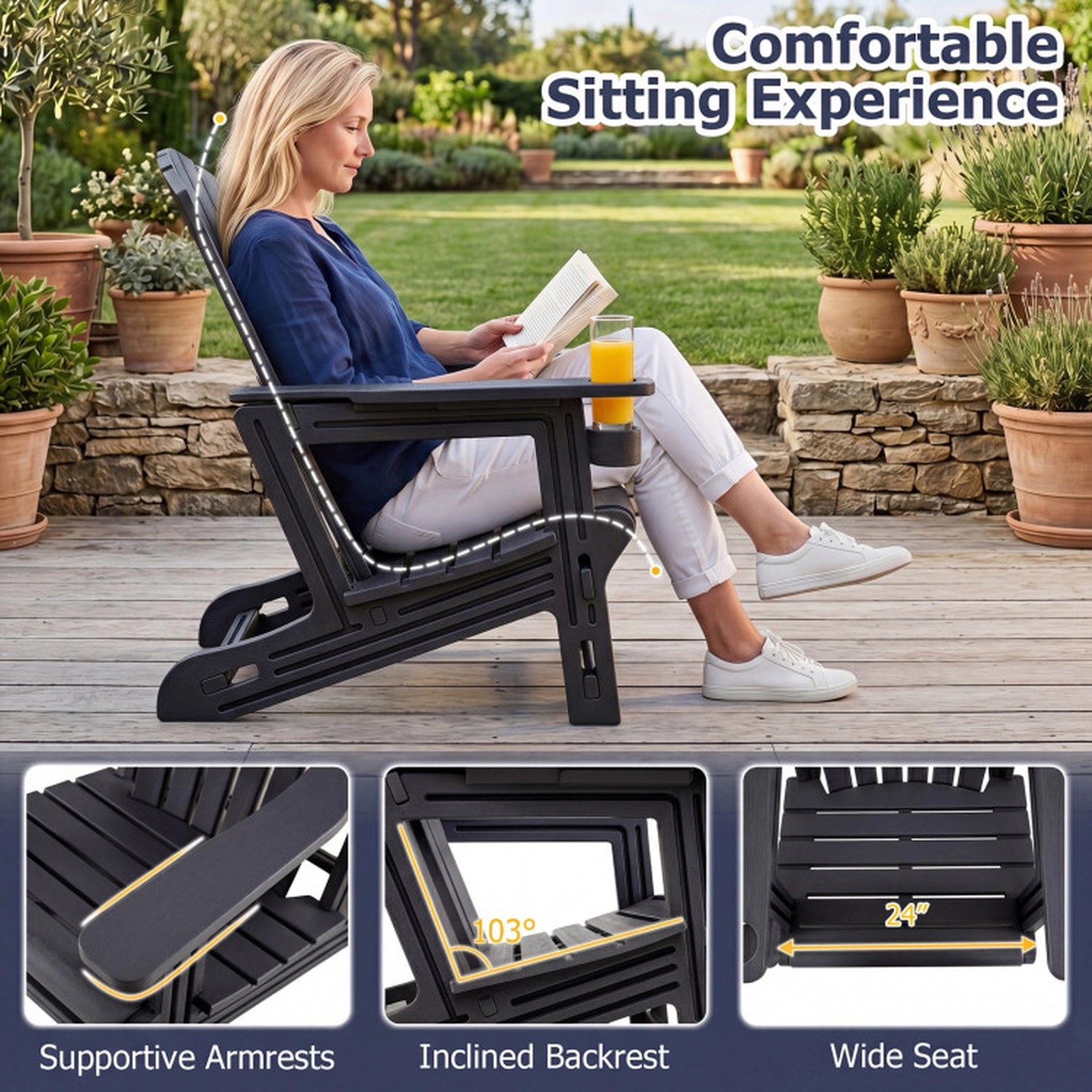SUGIFT Weather-Resistant Adirondack Chair with Cup Holder 330-lb Capacity High Back Black