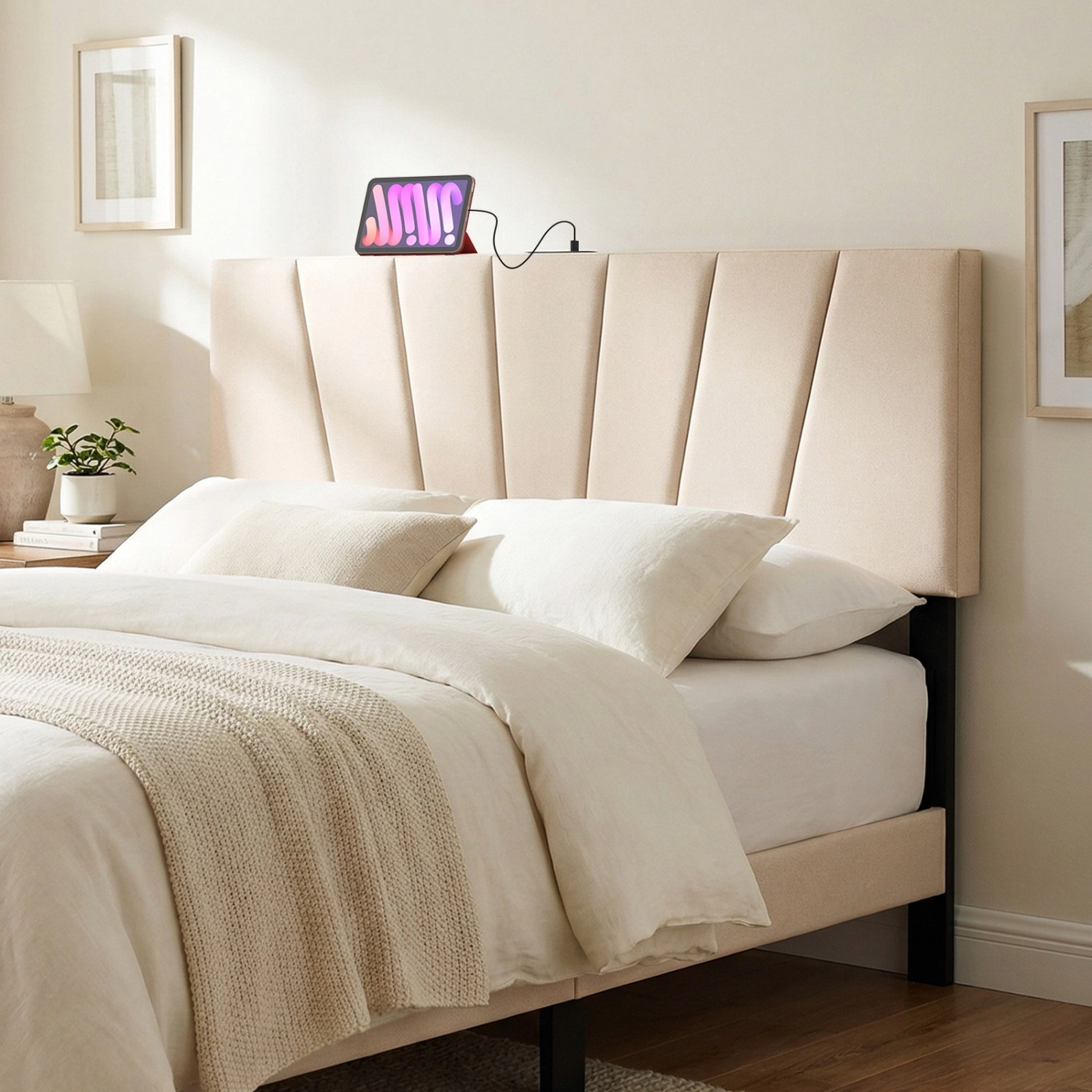 SUGIFT Beige Upholstered Headboard, Full/Queen, Charging Station