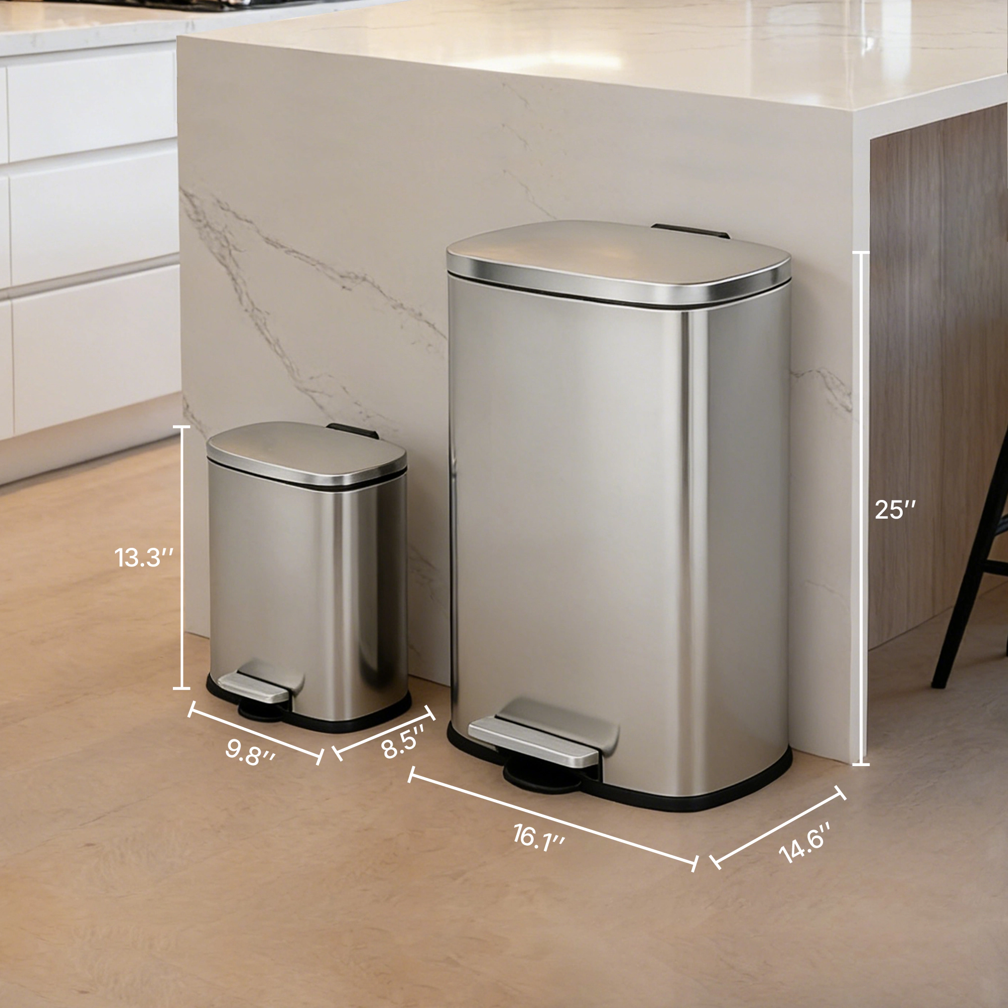 Innovaze 13 +2.1 Gal./50+8 Liter Stainless Steel Step-on Trash Can Set for Kitchen and Bathroom