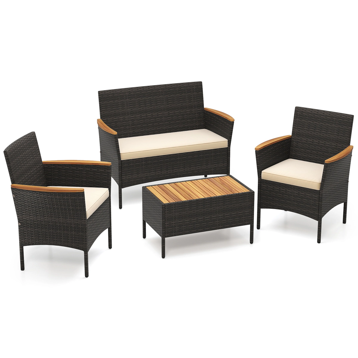 SUGIFT Patio Wicker Sofa Conversation Set with Loveseat 400/800-lb Capacity Mix Brown with Beige/Gray/Red Cushions