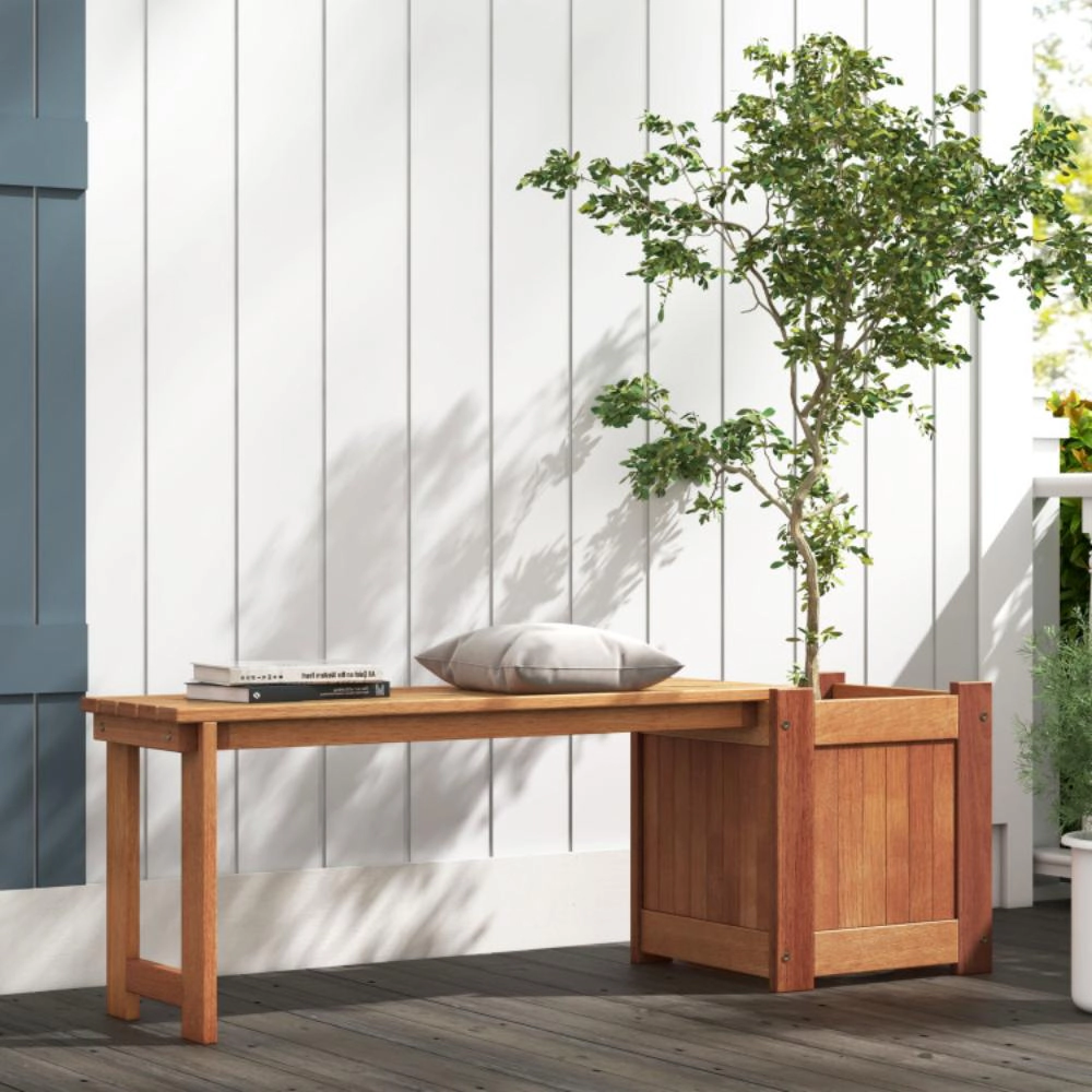 Hivvago Teak Oil Finish Raised Garden Bed Wood Planter Box with Bench