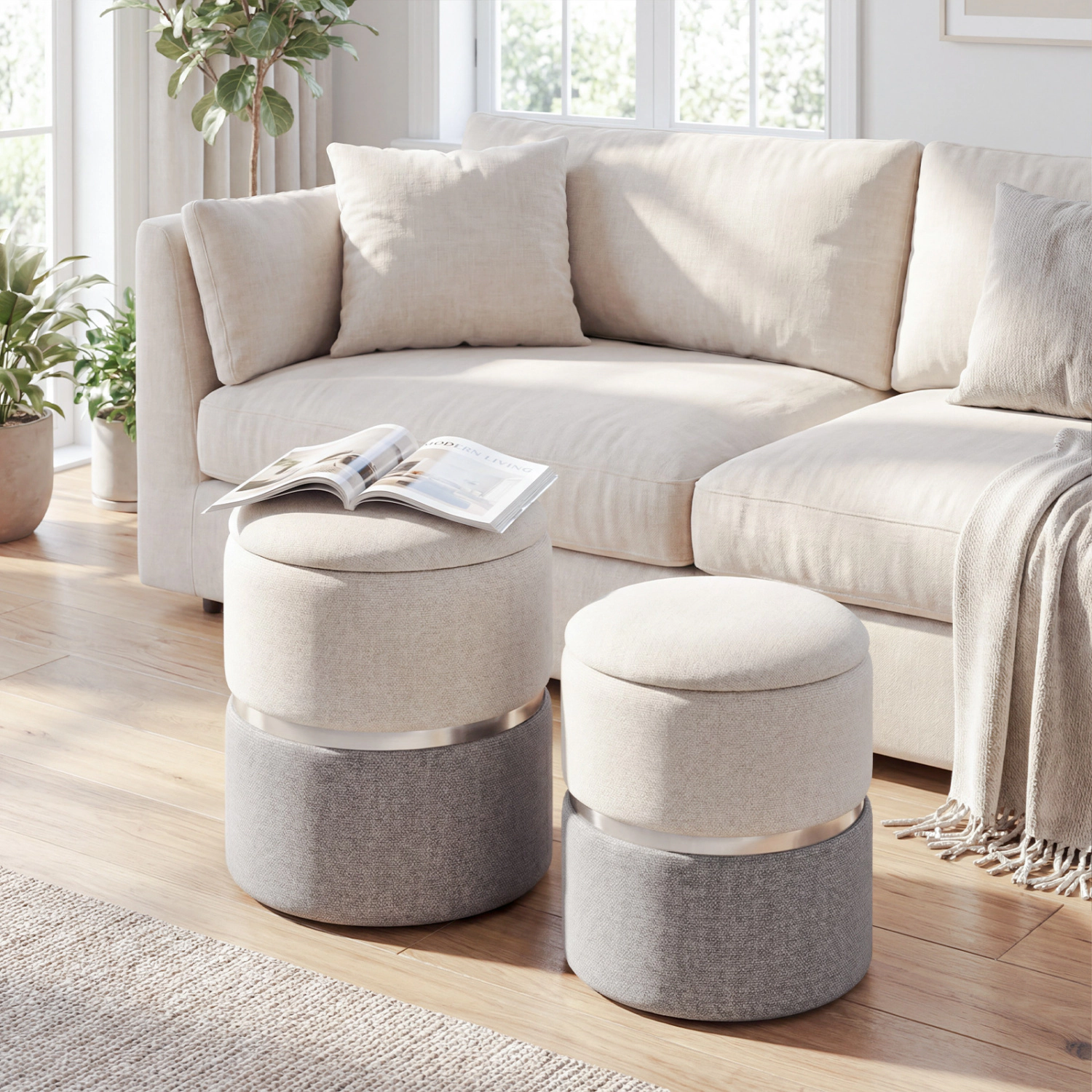 LJG Velvet/Linen Fabric Storage Ottoman Set of 2