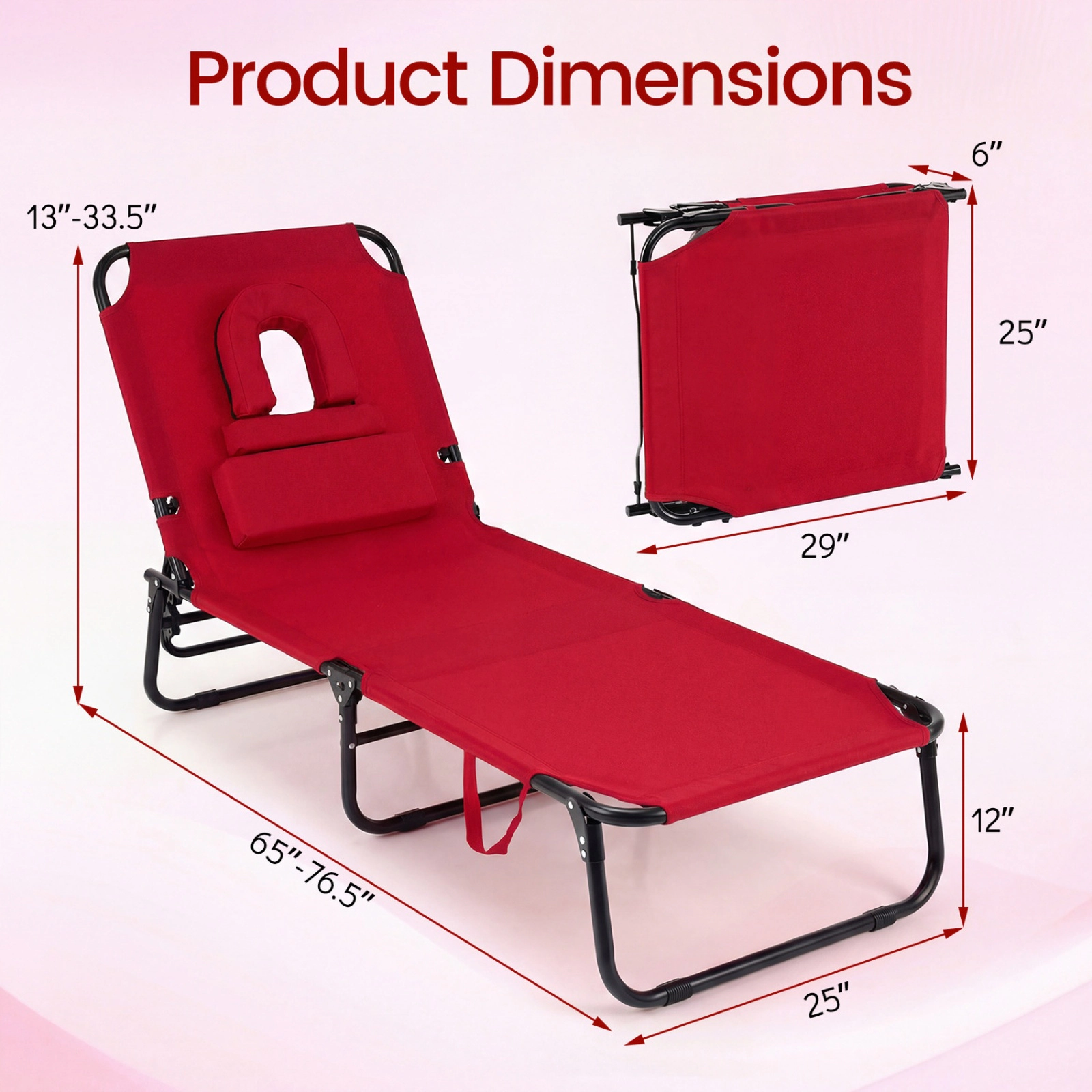 SUGIFT Adjustable Folding Face Down Tanning Chair with Face Hole & 3 Removable Pillows 330-lb Capacity 76.5-in Frame Red