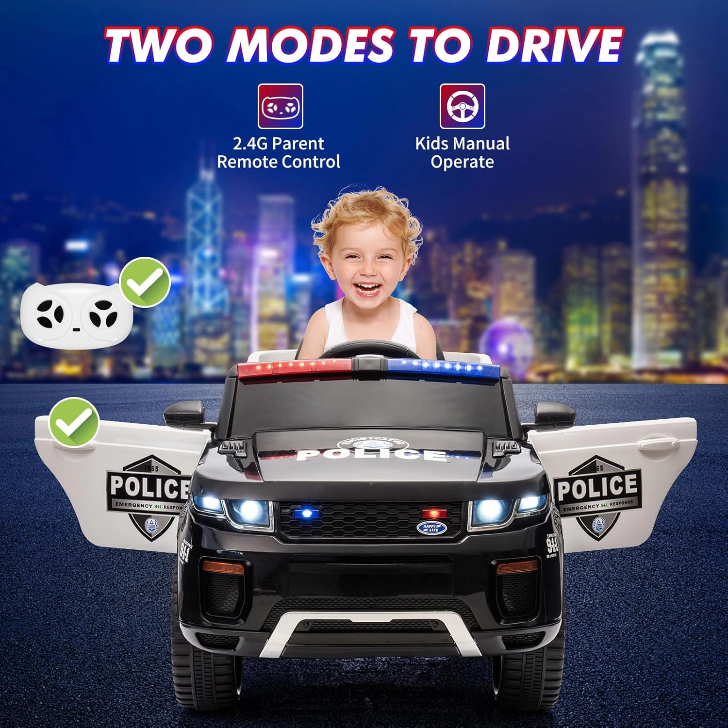 12V Kids 2-Seater Ride On Police Car w/ Remote, Flashing Lights, Megaphone, Music, Suspension & Handle for 3-8