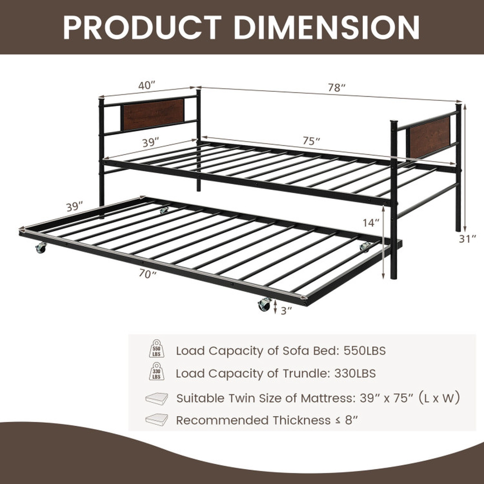 SUGIFT Black Pull-Out Rolling Trundle Twin Size 2-in-1 Teens Metal Daybed Frame