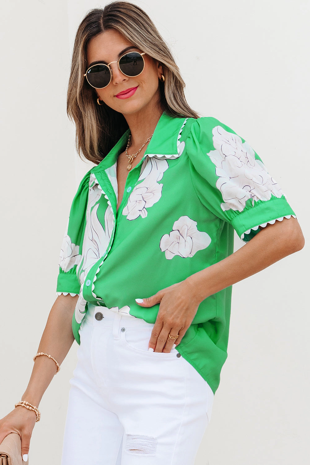 Threaded Pear Women's Celina Floral Ric Rac Edge Sleeve Blouse
