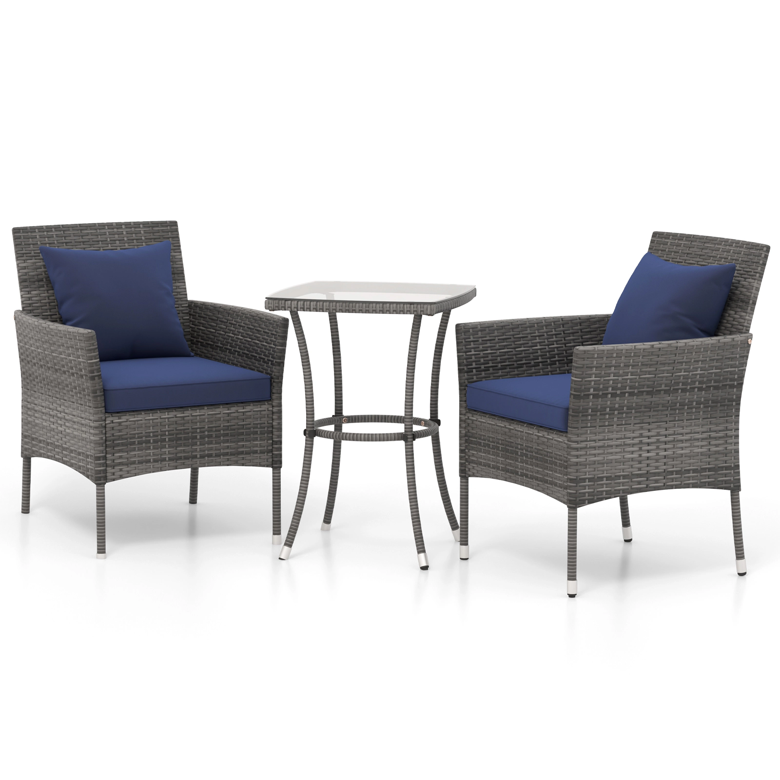 SUGIFT Navy Cushions and Tempered Glass Side Table 3-Piece Patio Rattan Chair Set